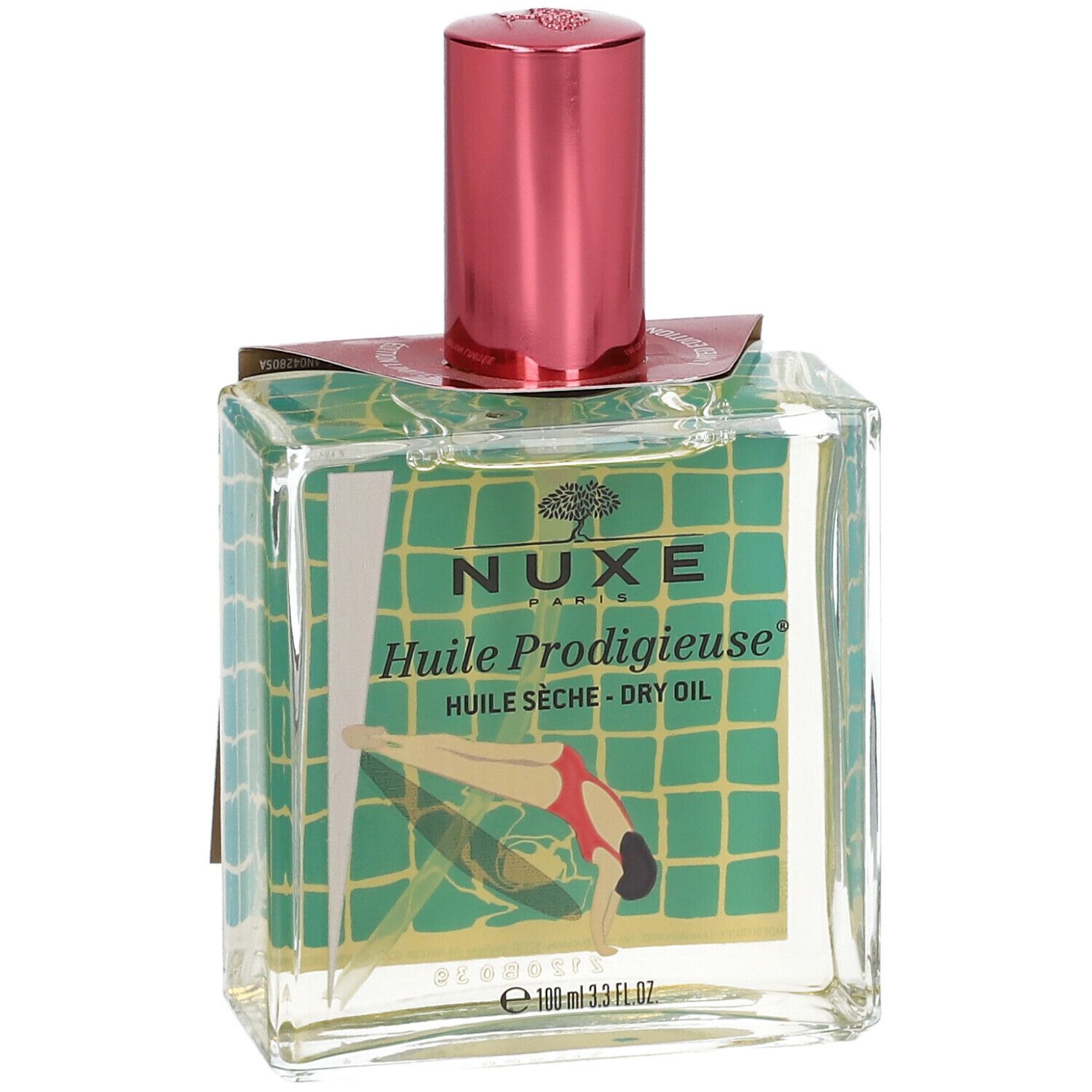 Glasflasche mit pinkfarbenem Deckel. Aufdruck: Nuxe Huile Prodigieuse, Frau beim Schwimmen. Grün-gelber Hintergrund. Etikett.