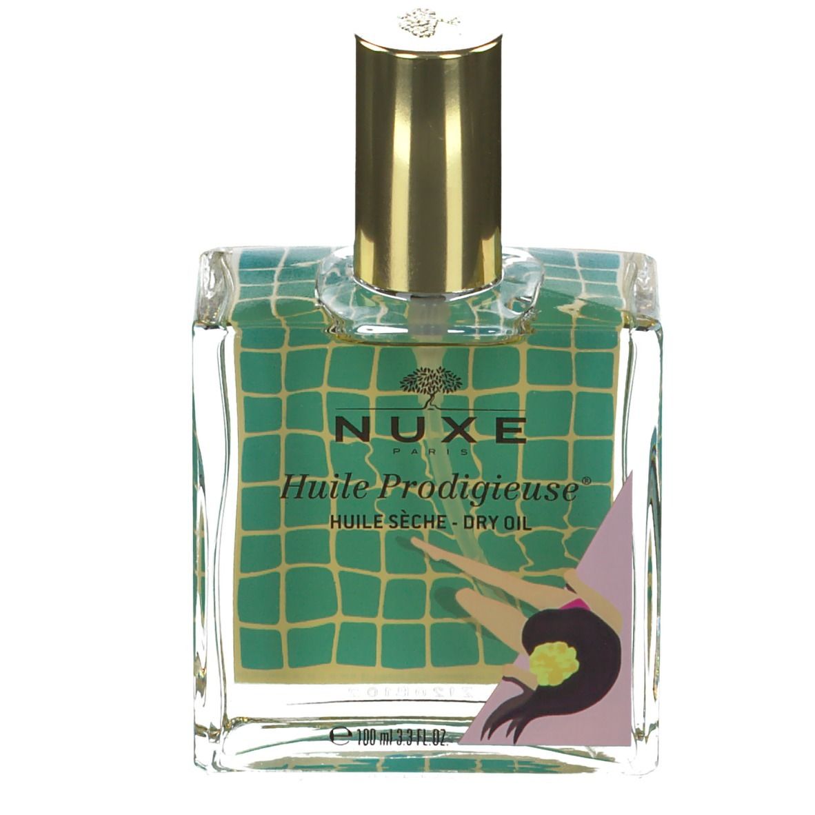 Flacone in vetro con tappo dorato. Scritta: Nuxe Huile Prodigieuse. Etichetta verde-gialla con illustrazione.