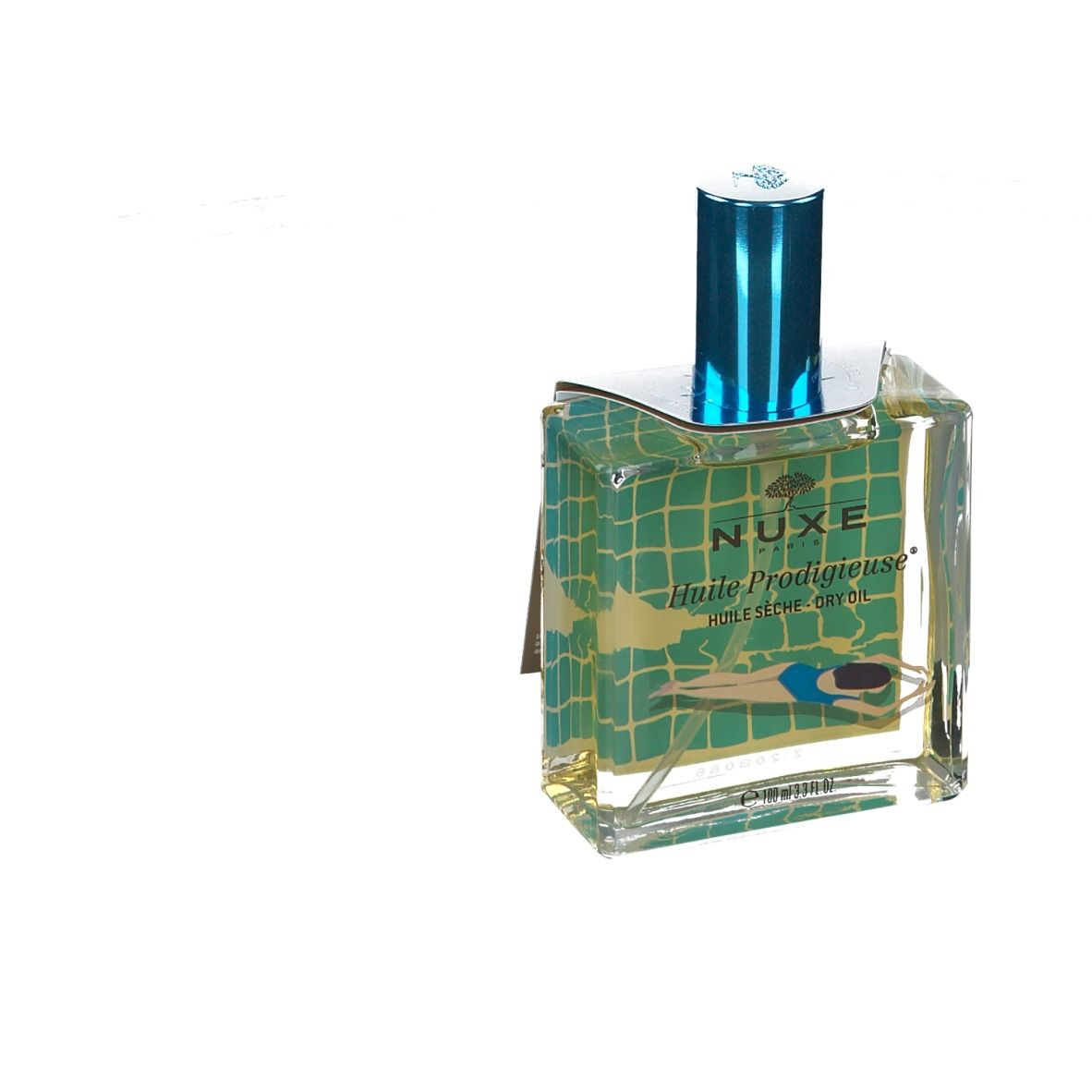 Flacone quadrato in vetro con tappo blu. Scritta: Nuxe Huile Prodigieuse. Illustrazione di una persona in piscina.