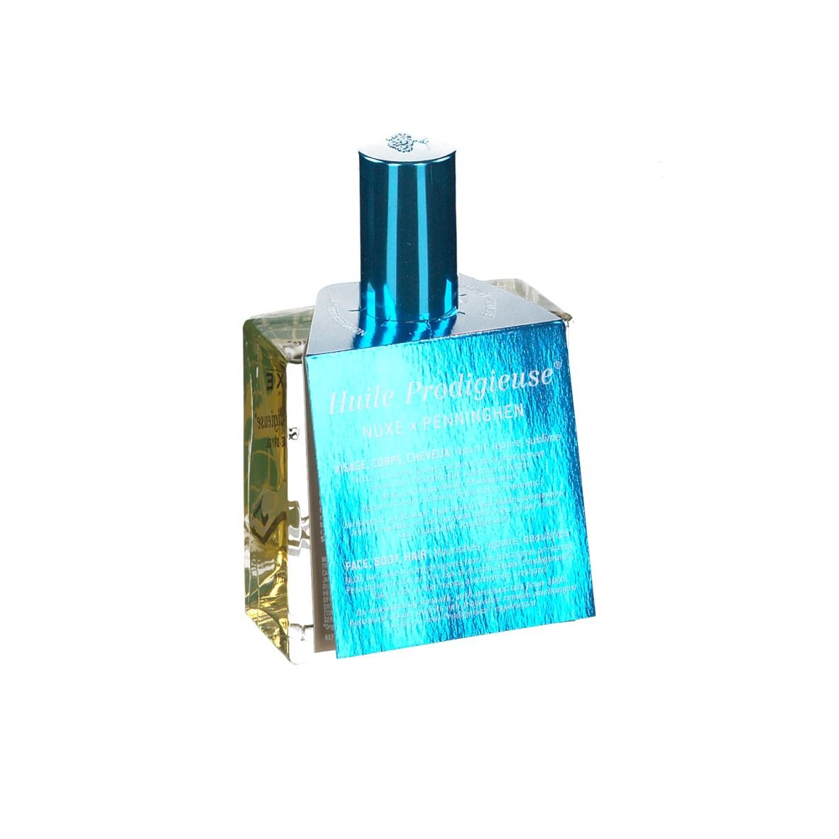 Flacone in vetro con tappo blu ed etichetta. Scritta: Huile Prodigieuse. Etichetta con informazioni sul prodotto.