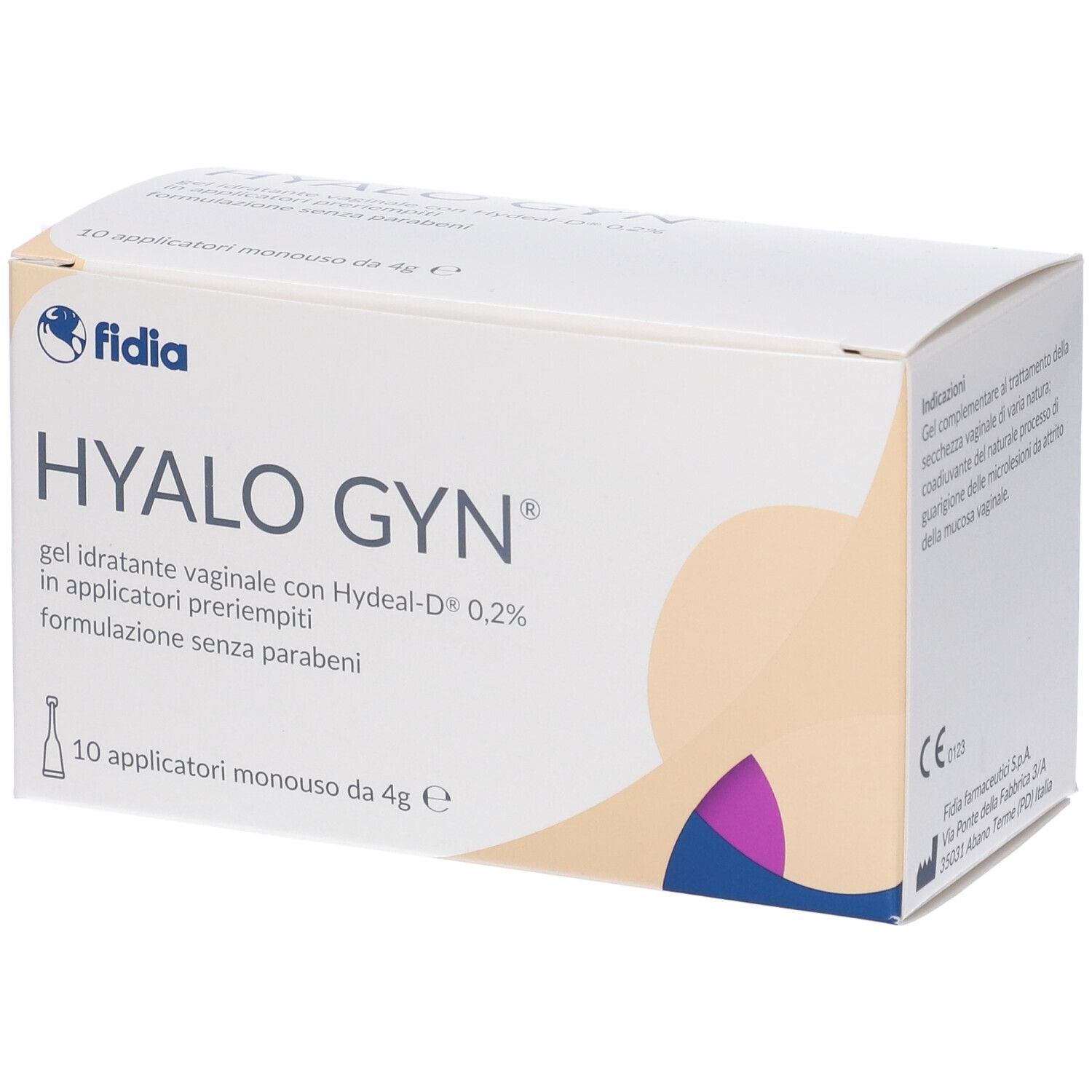 Confezione HYALO GYN. Contiene 10 applicatori. Marchio Fidia. Gel vaginale idratante.