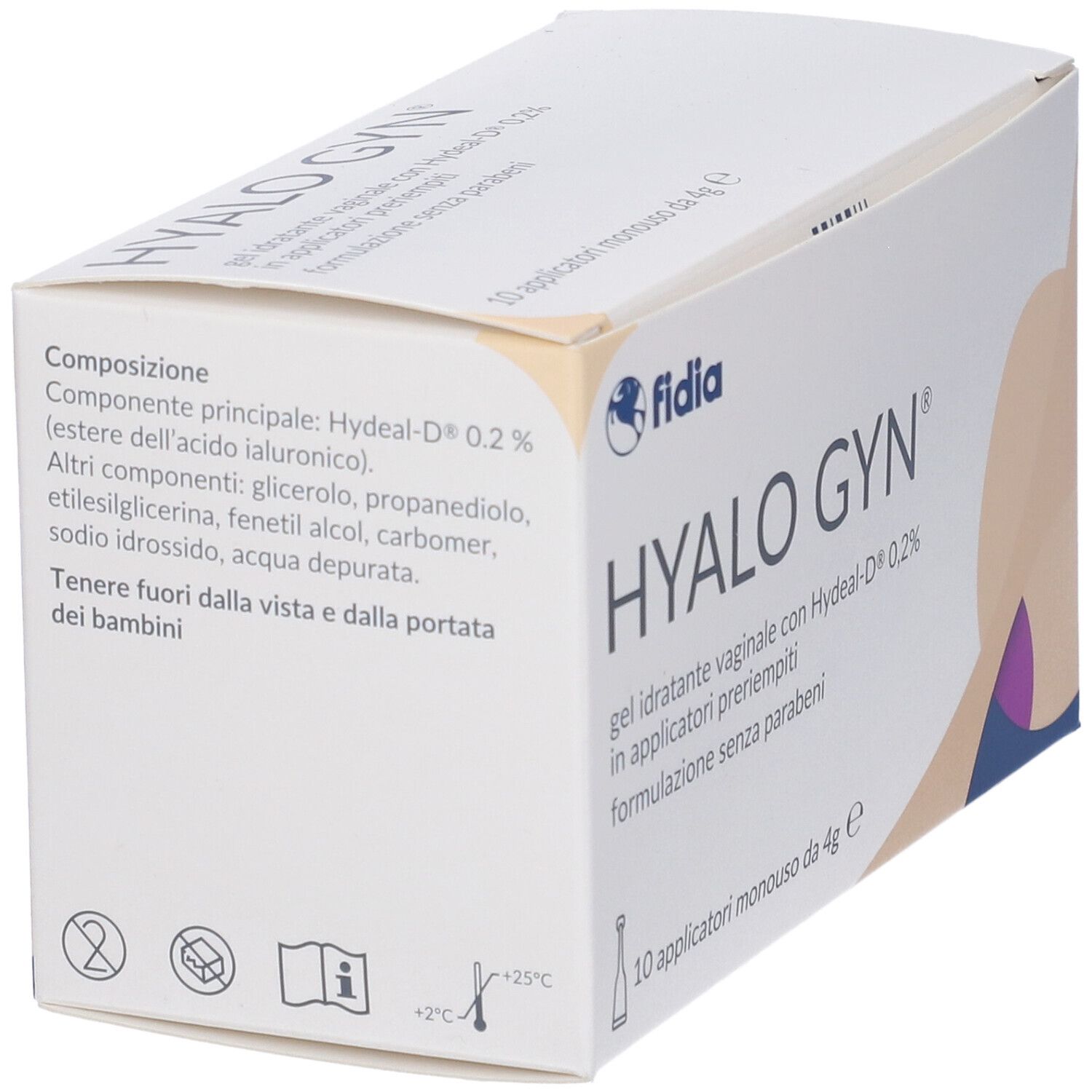 Confezione HYALO GYN. Ingredienti e avvertenze. Marchio Fidia. 10 applicatori.