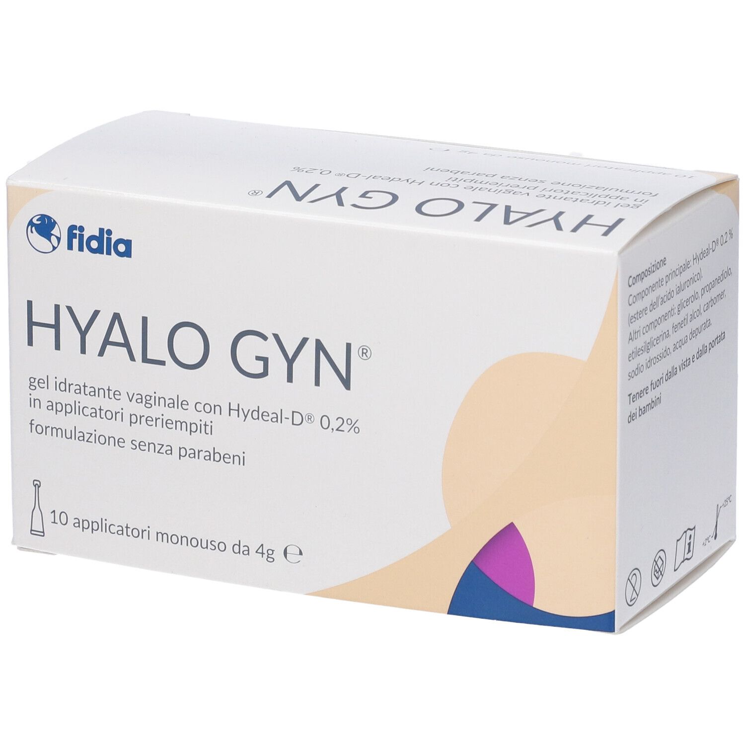 Confezione HYALO GYN. Nome del prodotto e ingredienti. Marchio Fidia. 10 applicatori.