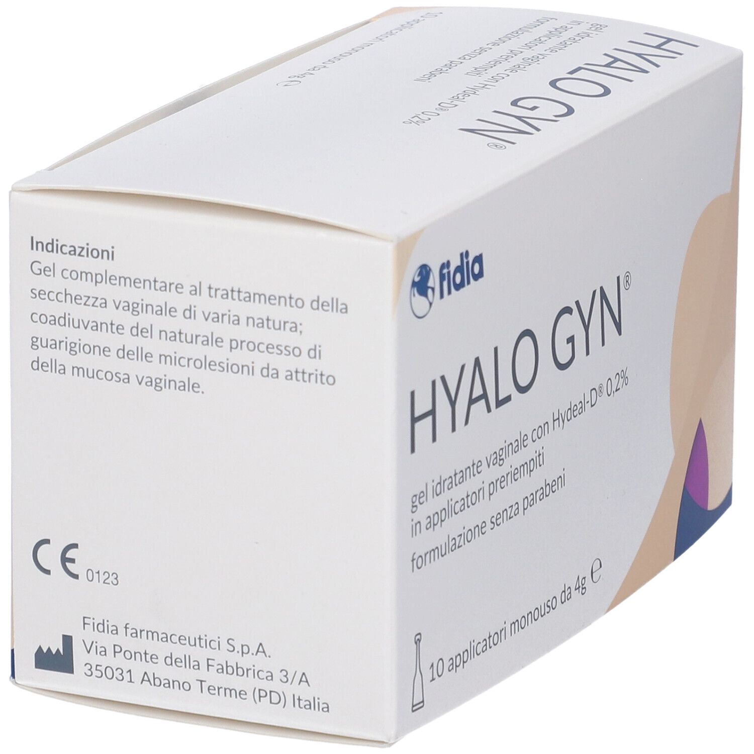 Confezione HYALO GYN. Indicazioni e informazioni produttore. Marchio Fidia. Marchio CE.