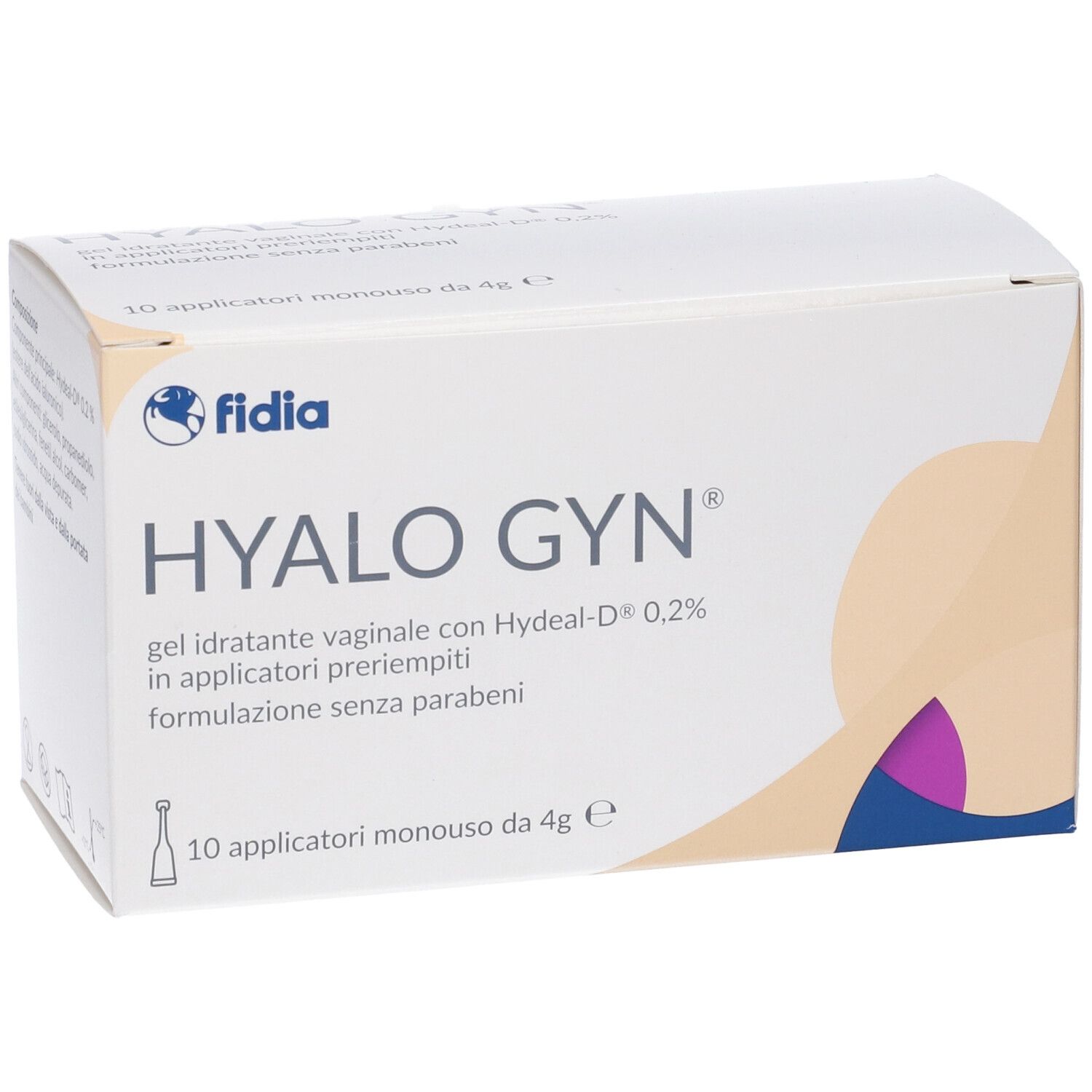 Confezione HYALO GYN. Nome del prodotto e logo. Marchio Fidia. 10 applicatori.