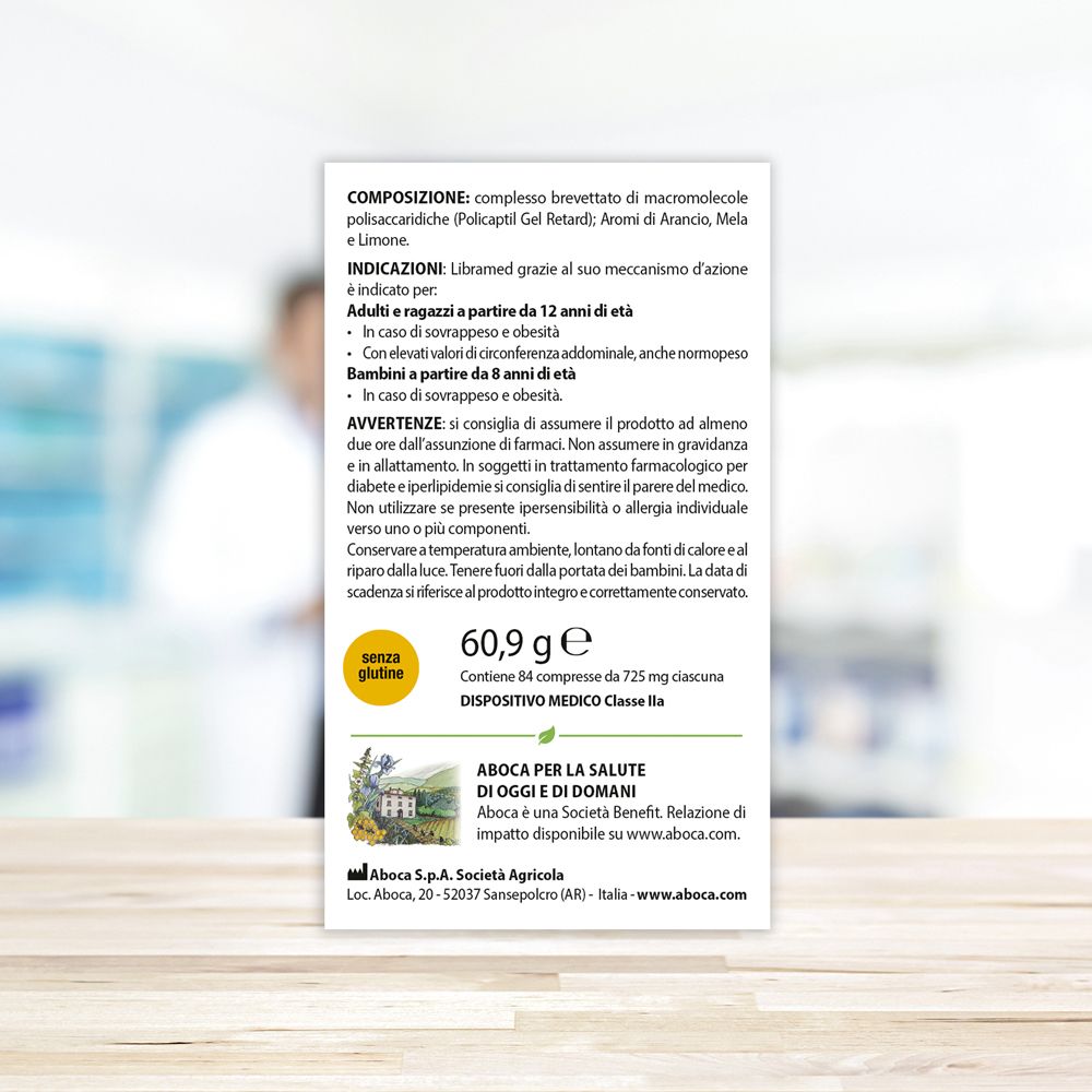 Rückseite der Libramed-Verpackung. Textinformationen, Inhaltsstoffe, Warnhinweise, Aboca-Logo.