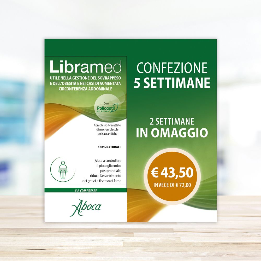 Werbetafel mit Libramed, 5 Wochen Packung. Preis: 43,50 €. Text: 2 Wochen gratis. Aboca-Logo. Grün-weißes Design.