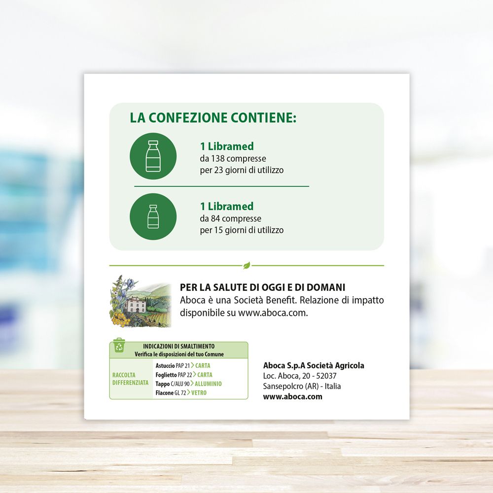 Rückseite der Libramed-Verpackung. Enthält 1 Libramed-Packung mit 138 Tabletten und 1 mit 84 Tabletten. Aboca-Logo.