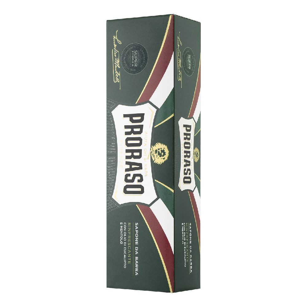Scatola verde con logo bianco «Proraso». Testo: «Sapone da Barba». Colori della bandiera italiana.