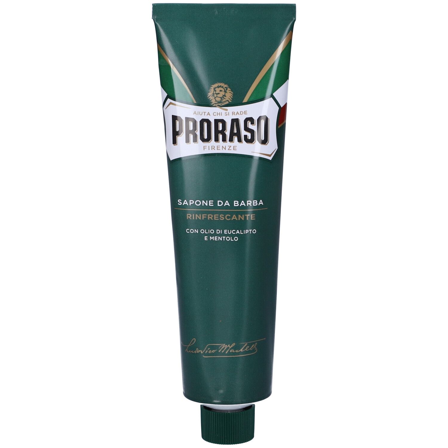 Tubo verde con logo bianco «Proraso». Testo: «Sapone da Barba». Tappo verde.