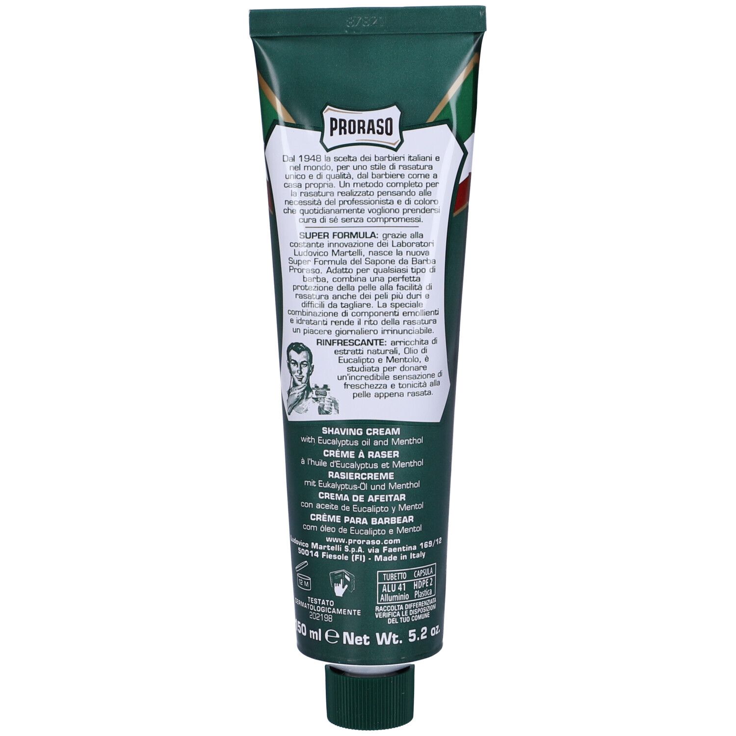 Retro del tubo verde. Testo: «Proraso». Informazioni sul prodotto in più lingue.