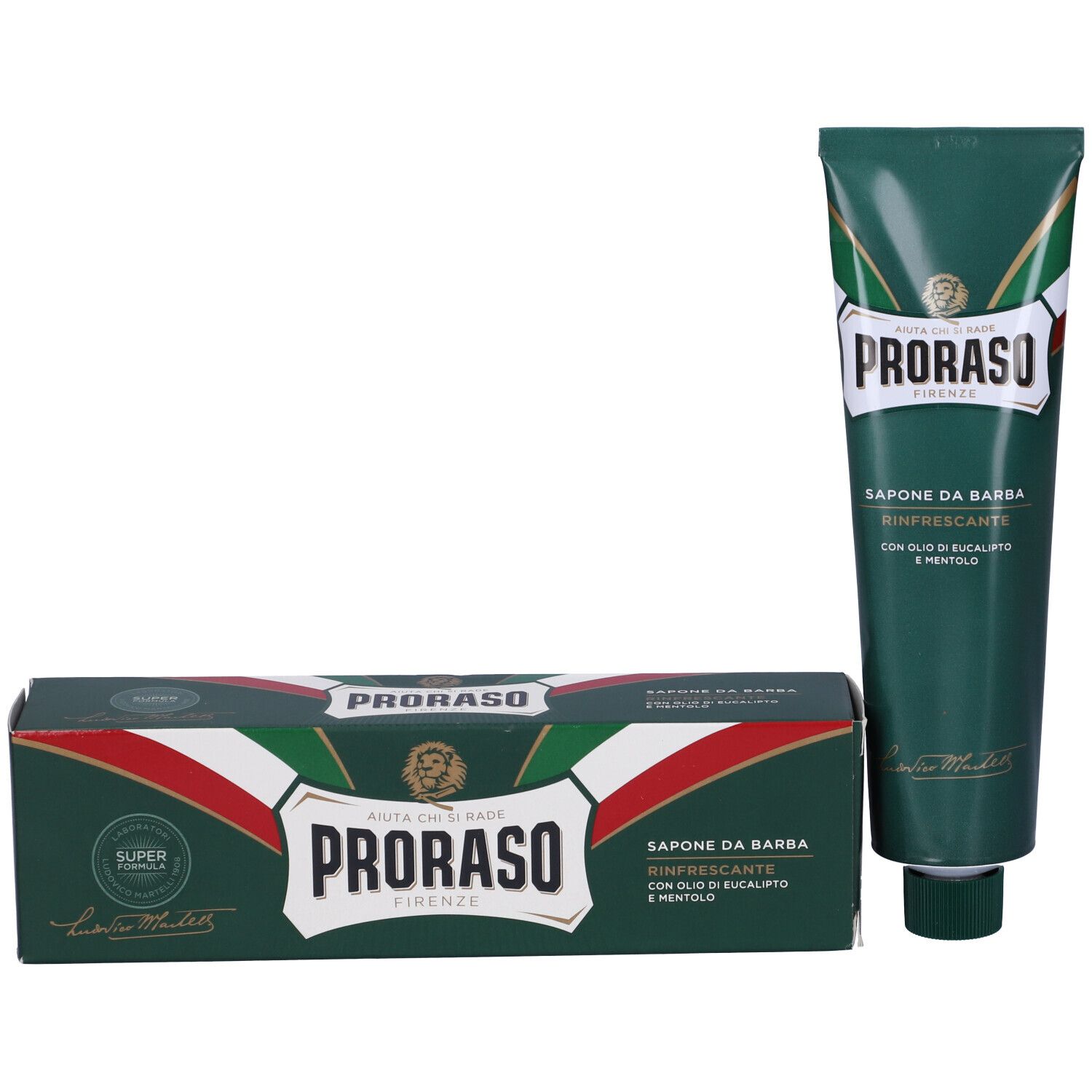 Tubo e scatola verdi. Entrambi con logo «Proraso». Testo: «Sapone da Barba». Colori italiani.