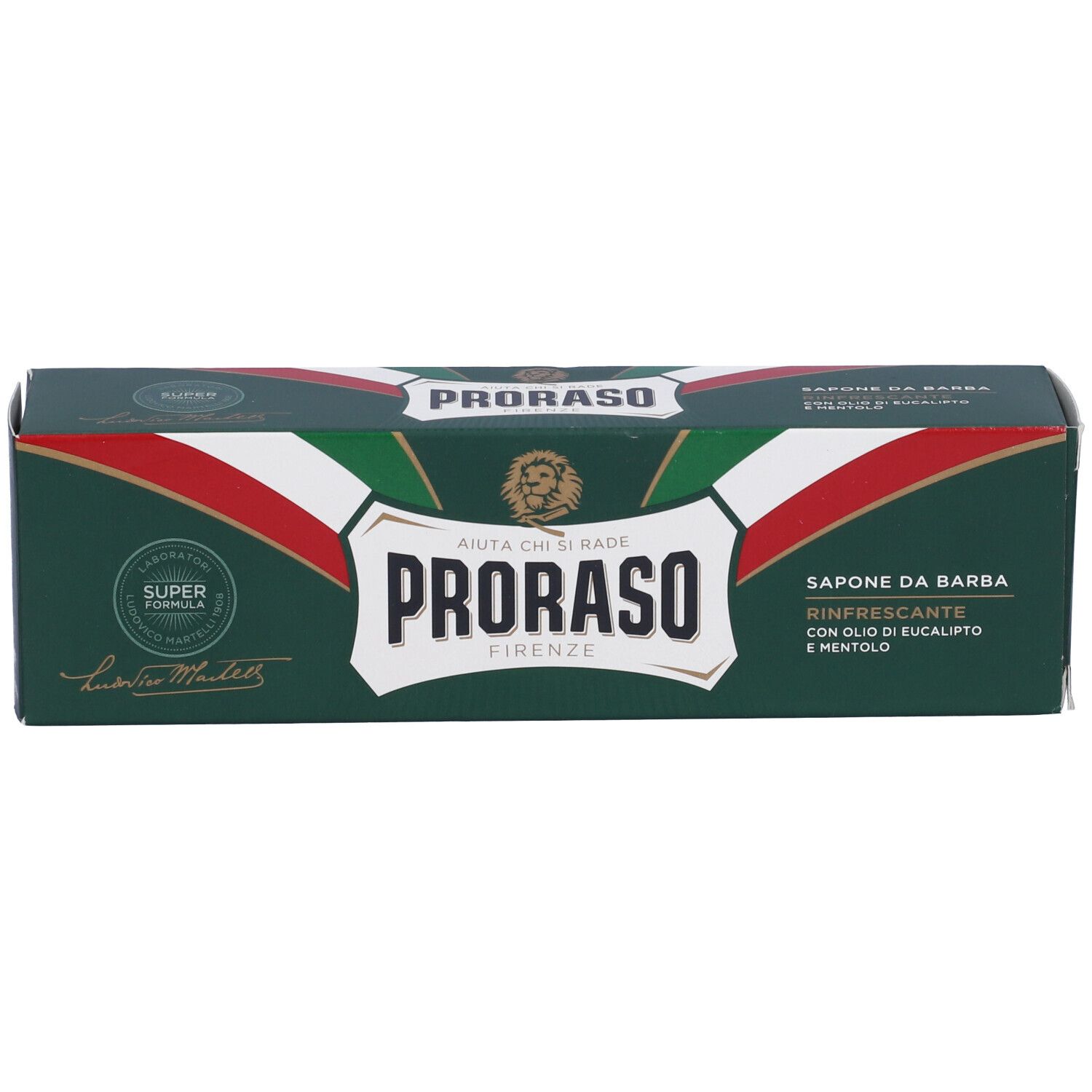 Scatola verde con logo «Proraso». Testo: «Sapone da Barba». Colori della bandiera italiana.