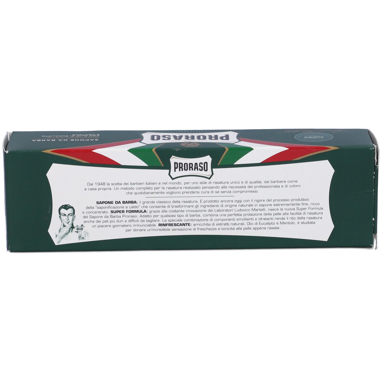 Scatola verde con logo «Proraso». Testo: «Sapone da Barba». Informazioni sul prodotto.