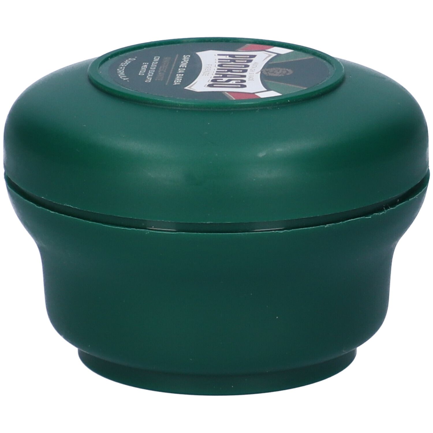 Barattolo verde con coperchio. Sul coperchio è presente un'etichetta con testo e logo.