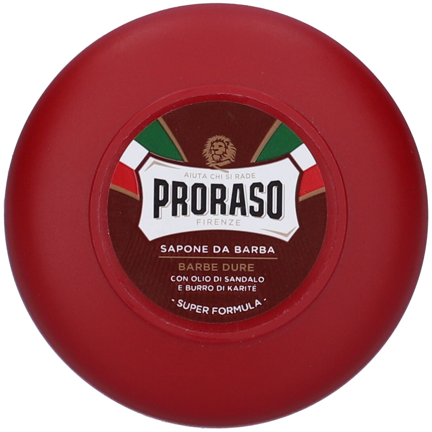 Contenitore rotondo rosso. Etichetta bianca con logo e testo. Scritto: Sapone da Barba, Barbe Dure. Bandiera italiana.