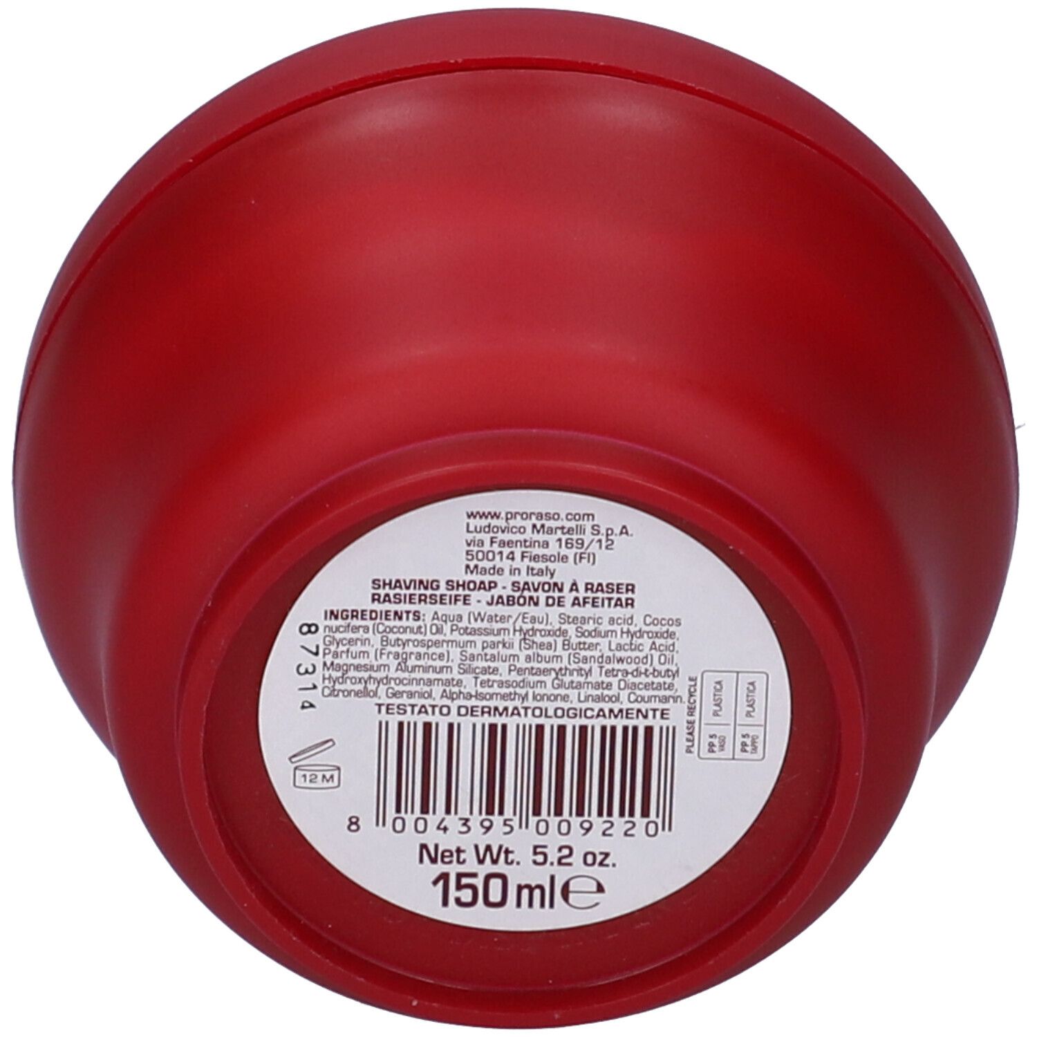 Contenitore rotondo rosso. Base con testo e codice a barre. Scritto: Net wt. 5.2 oz. 150 ml. Testato dermatologicamente.