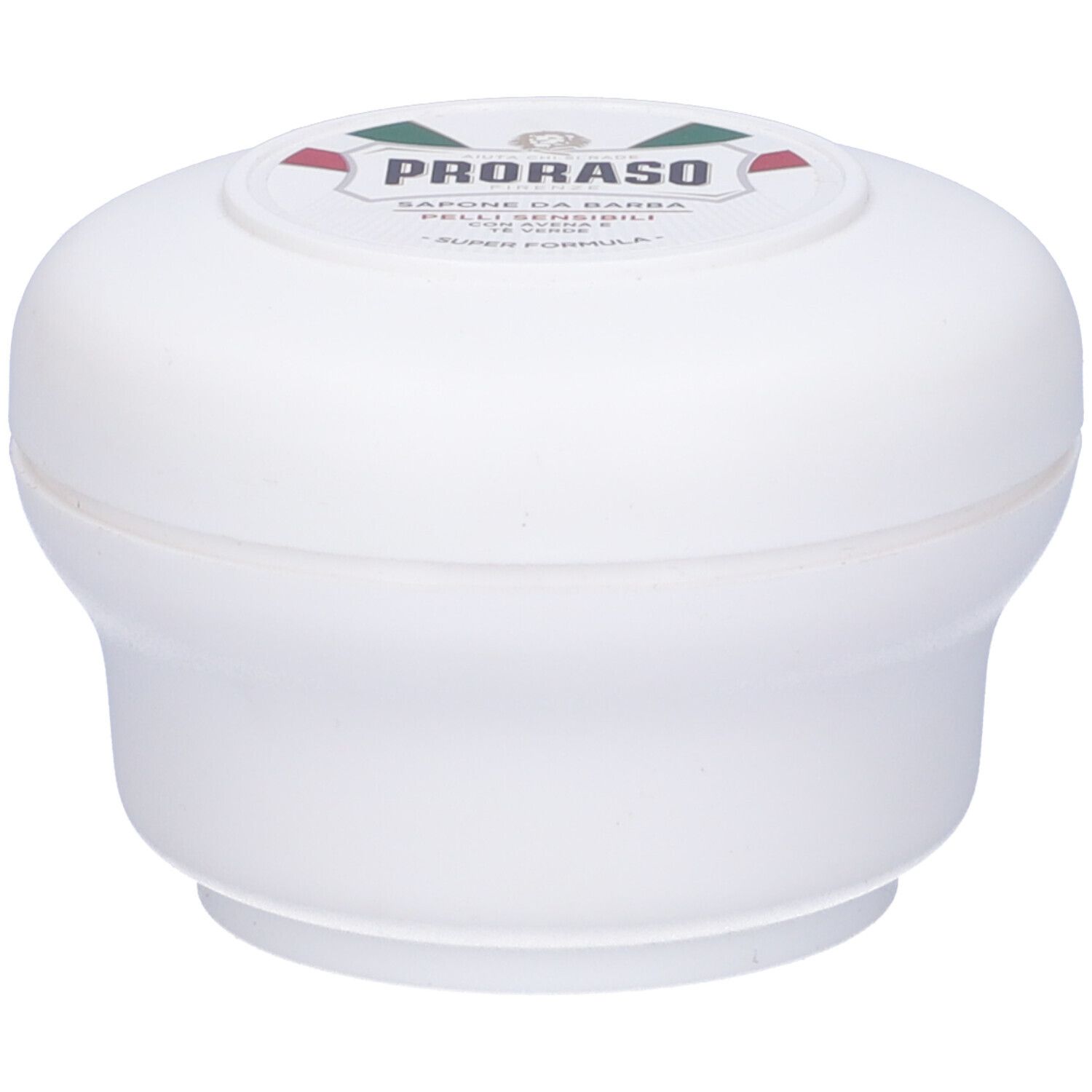 Contenitore bianco con coperchio rotondo. Sulla parte superiore, un'etichetta con testo e logo. Prodotto per pelli sensibili.