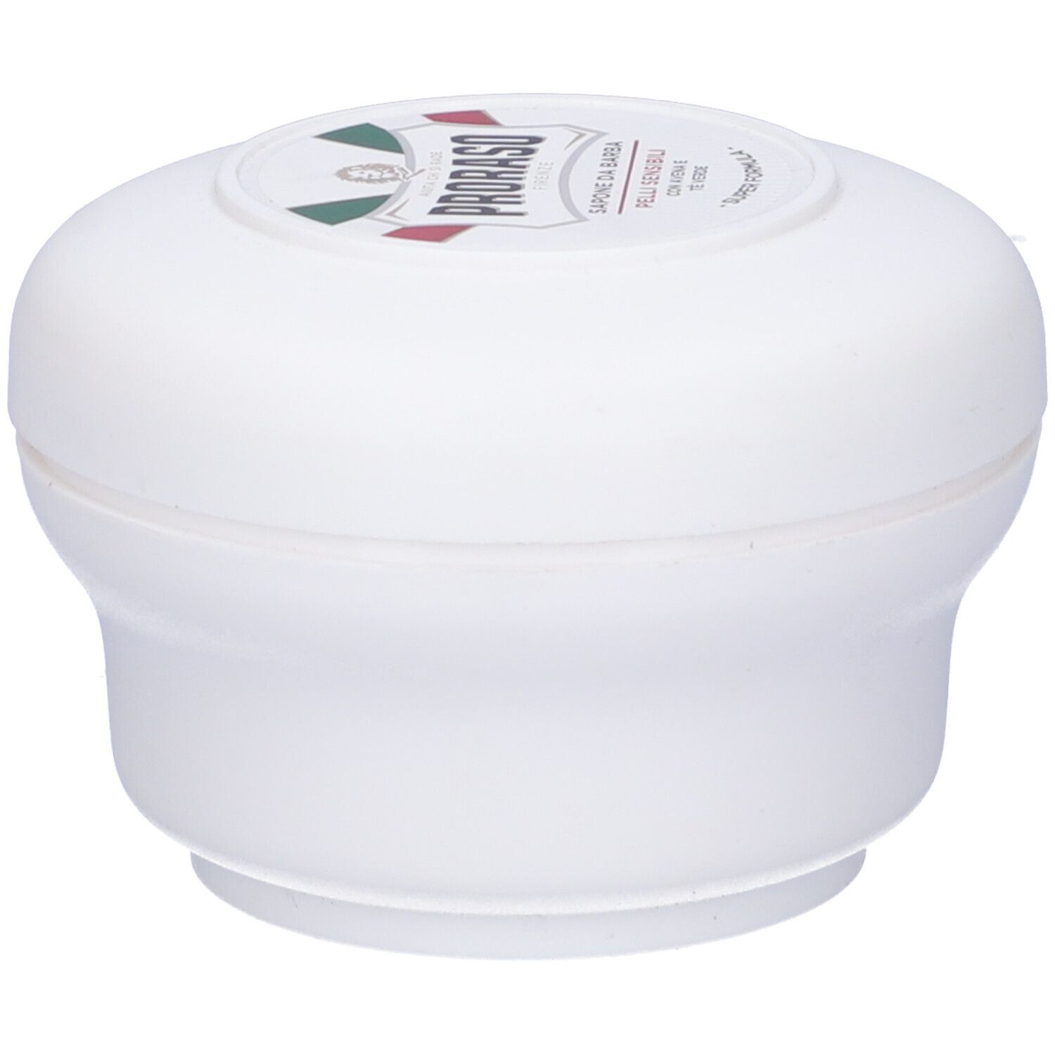 Contenitore bianco con coperchio rotondo. Sulla parte superiore, un'etichetta con testo e logo. Prodotto per pelli sensibili.