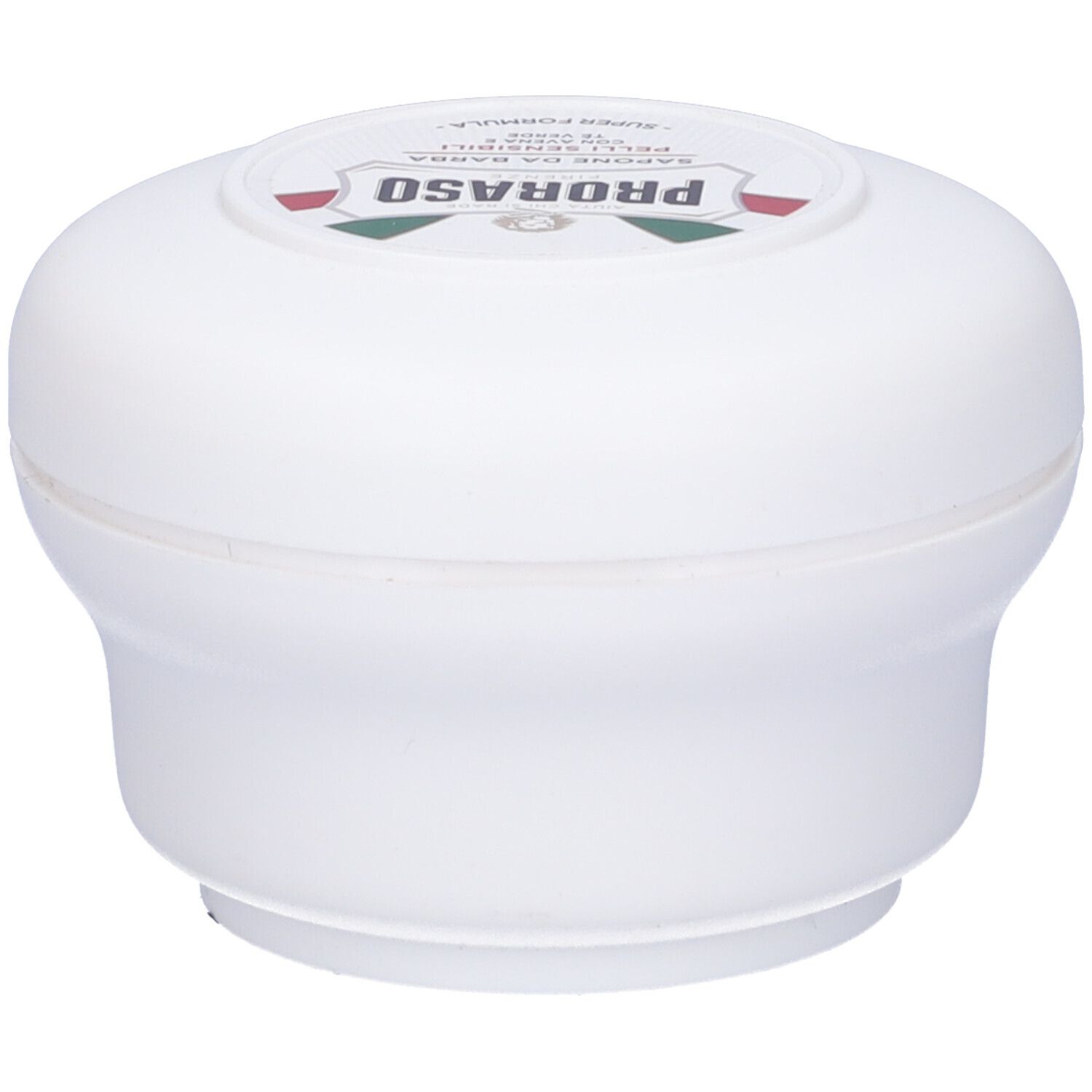 Contenitore bianco con coperchio rotondo. Sulla parte superiore, un'etichetta con testo e logo. Prodotto per pelli sensibili.