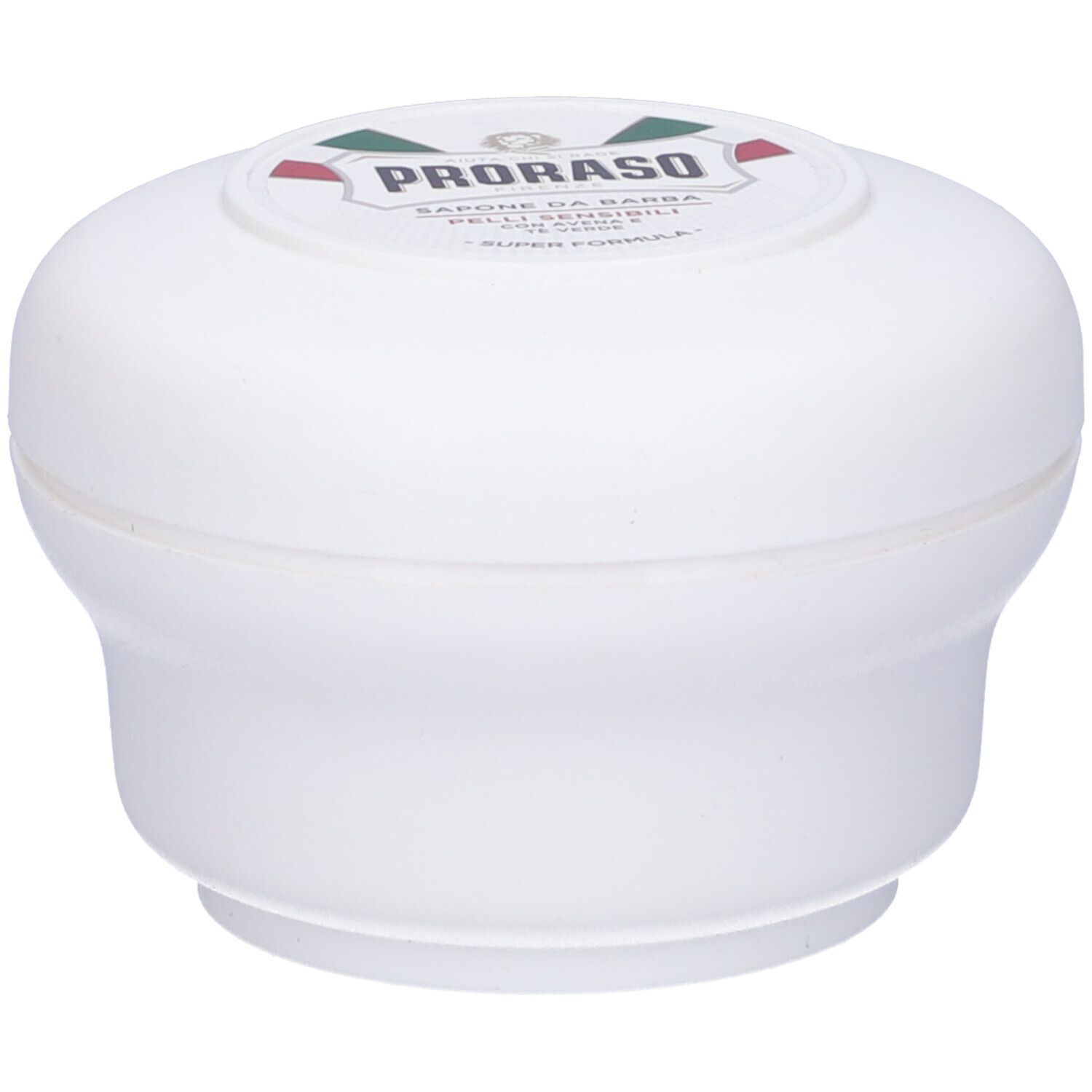 Contenitore bianco con coperchio rotondo. Sulla parte superiore, un'etichetta con testo e logo. Prodotto per pelli sensibili.