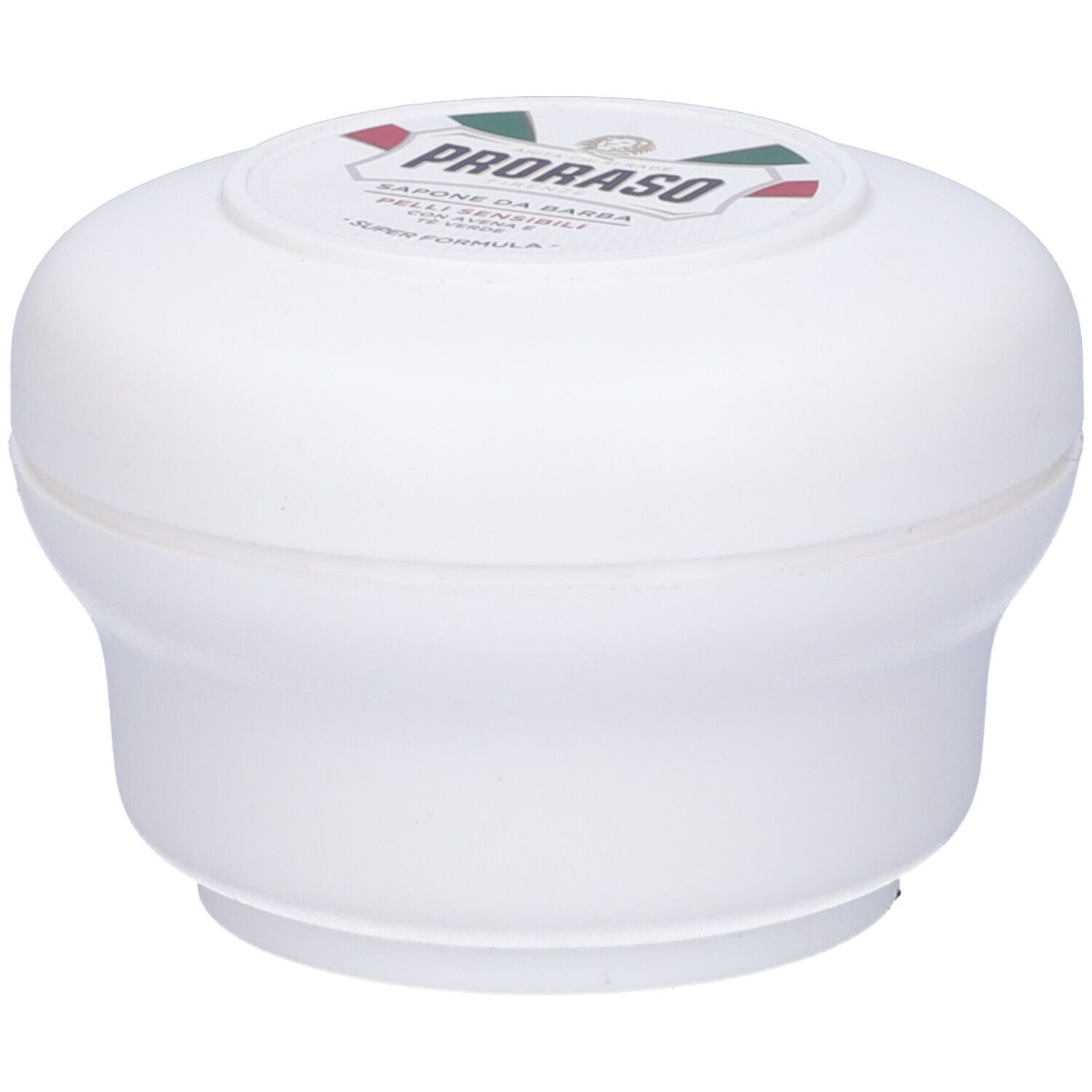 Contenitore bianco con coperchio rotondo. Sulla parte superiore, un'etichetta con testo e logo. Prodotto per pelli sensibili.