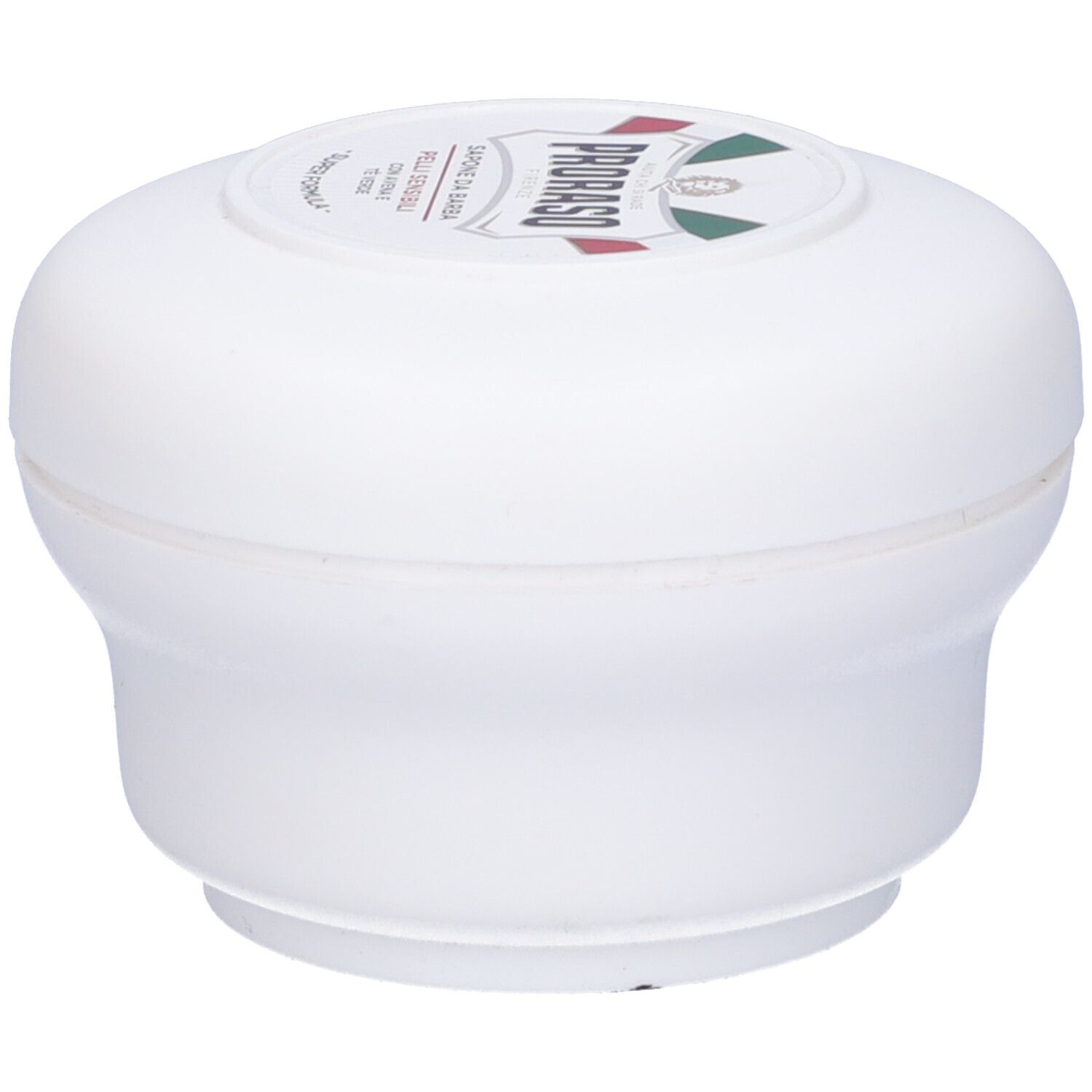 Contenitore bianco con coperchio rotondo. Sulla parte superiore, un'etichetta con testo e logo. Prodotto per pelli sensibili.