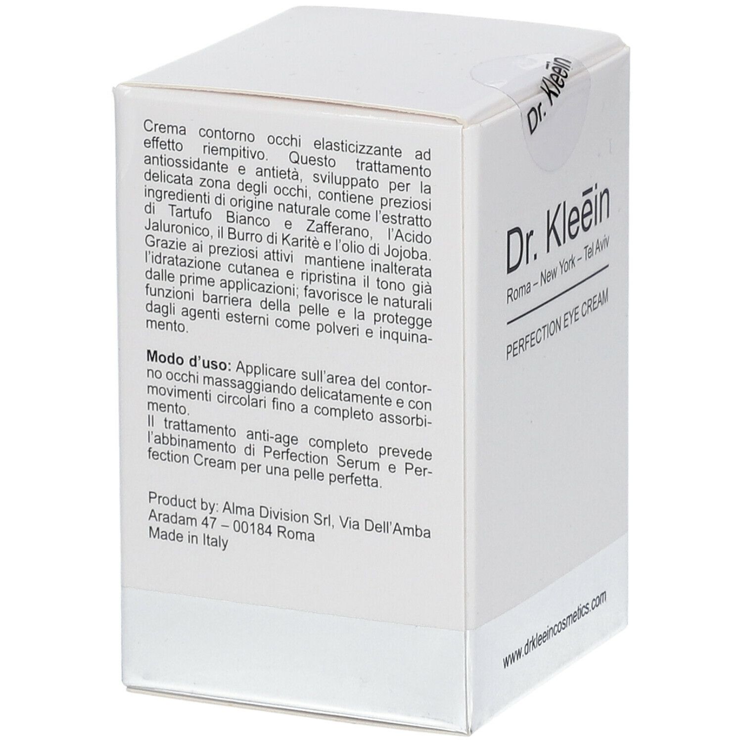 Scatola bianca con testo in italiano. Scritta "Dr. Kleein" e "PERFECTION EYE CREAM". Adesivo con logo. Prodotto in Italia.