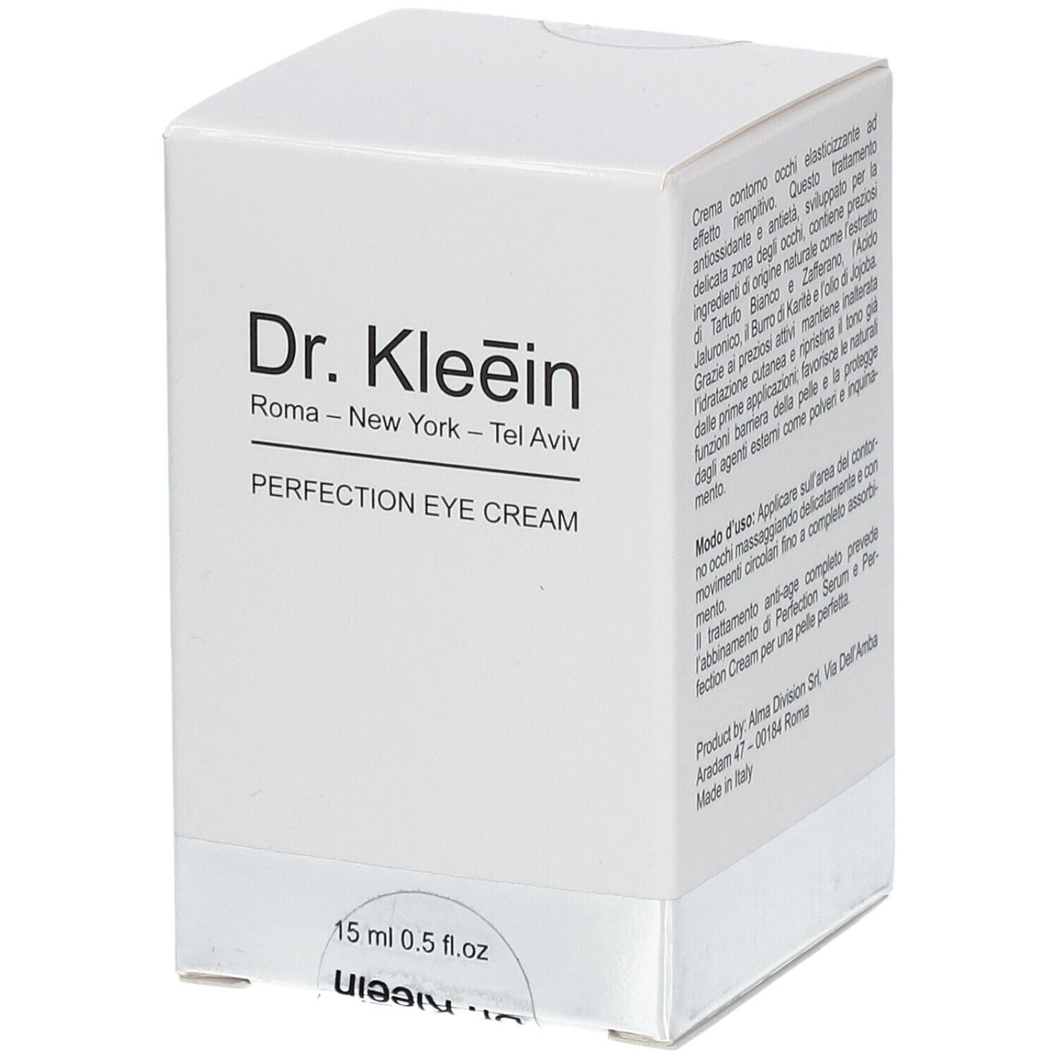 Scatola bianca con scritta "Dr. Kleein" e "PERFECTION EYE CREAM". 15 ml 0.5 fl.oz. Testo sulla confezione.