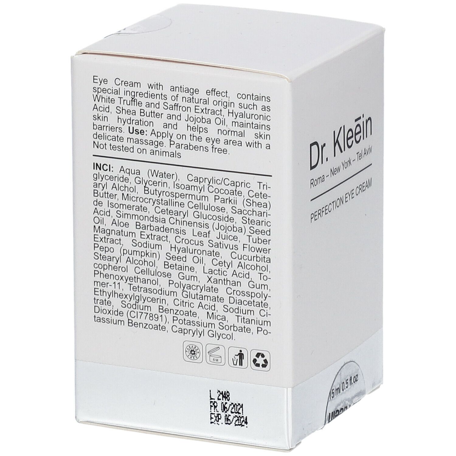 Scatola bianca con testo in inglese. Scritta "Dr. Kleein" e "PERFECTION EYE CREAM". 15 ml 0.5 fl.oz. Data di scadenza.