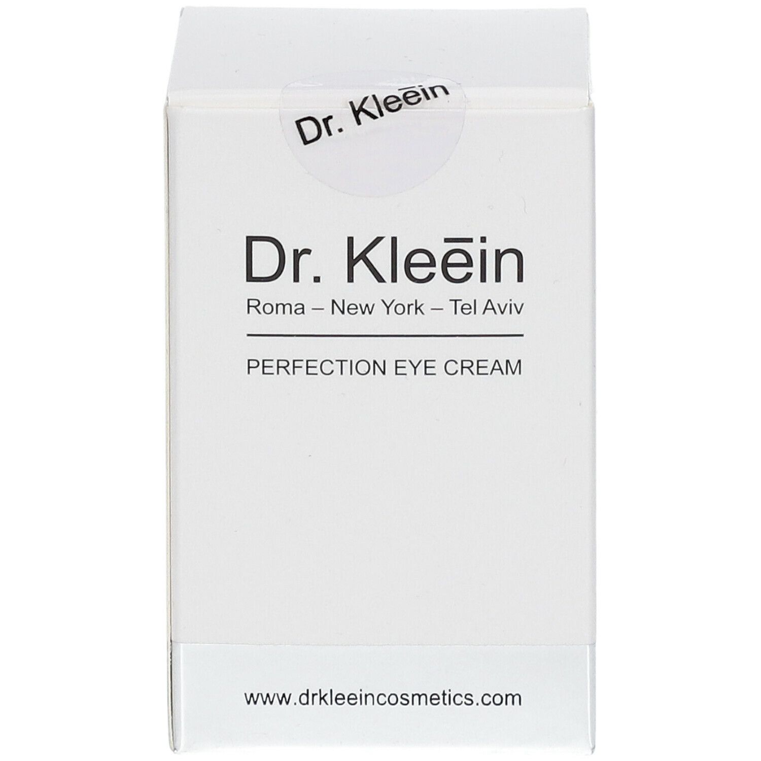 Scatola bianca con scritta "Dr. Kleein" e "PERFECTION EYE CREAM". Adesivo con logo. Indirizzo del sito web.