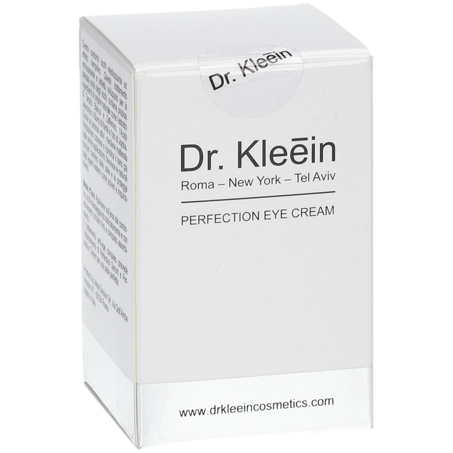 Scatola bianca con testo. Scritta "Dr. Kleein" e "PERFECTION EYE CREAM". Adesivo con logo. Indirizzo del sito web.