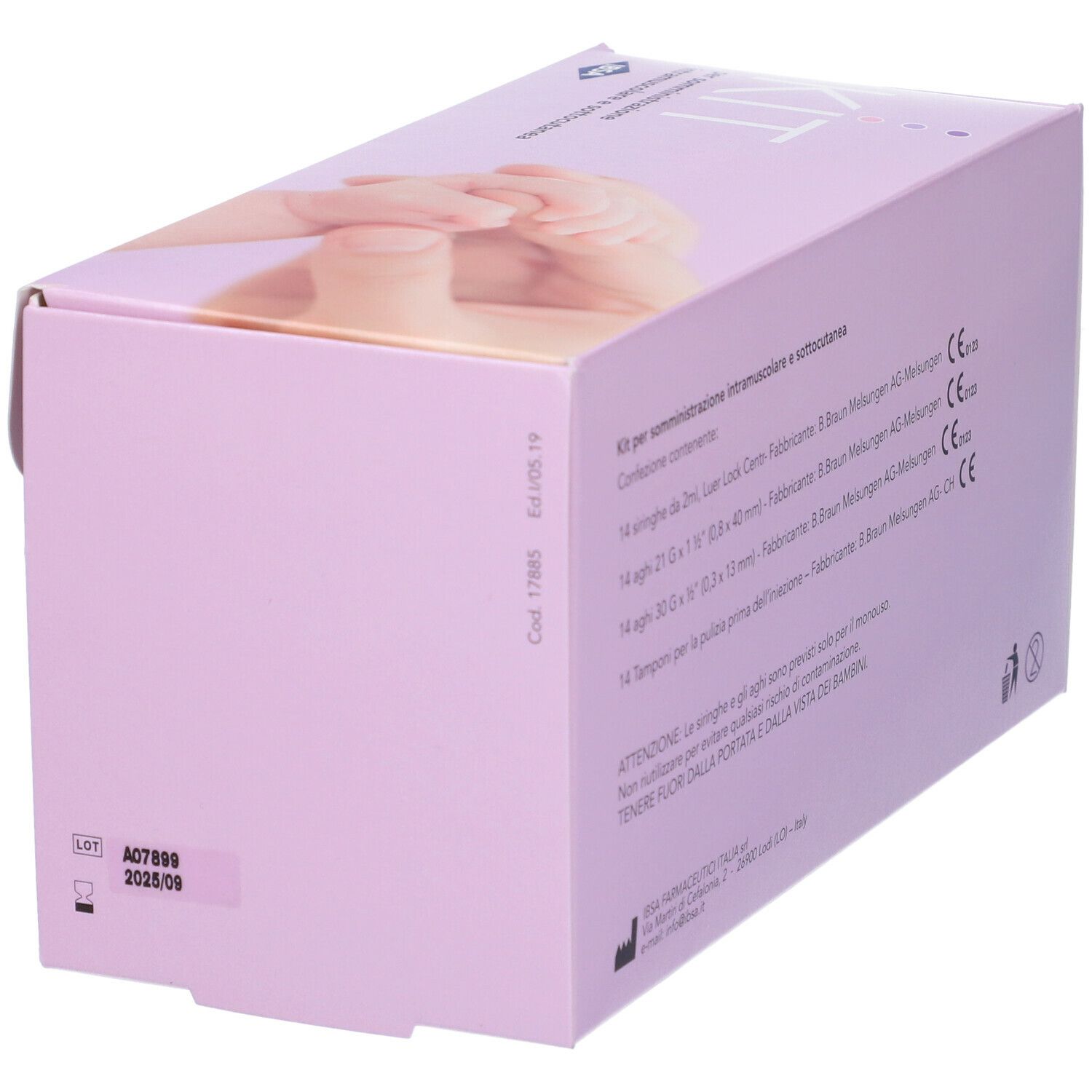 Scatola rosa con testo, logo "IBSA" e marchio CE. Numero di lotto visibile.