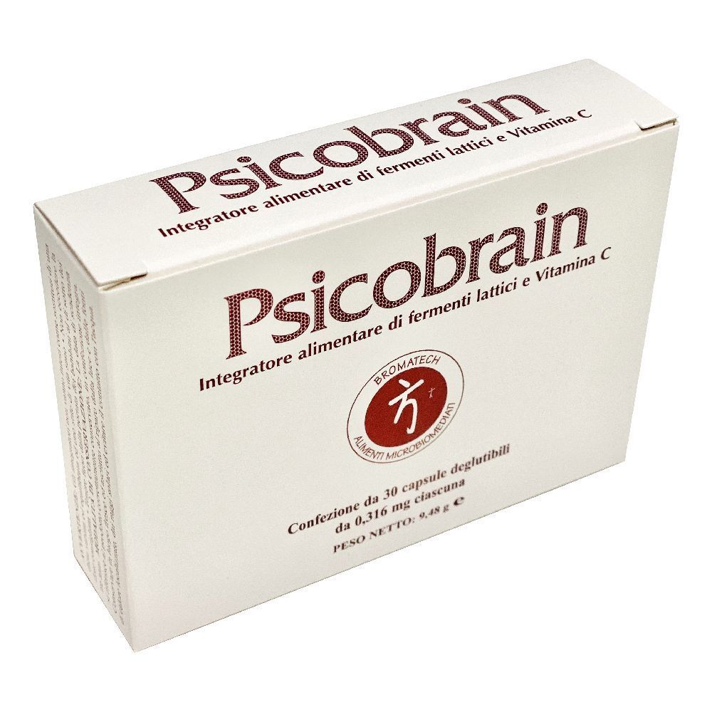 Scatola bianca con scritta Psicobrain. Contiene 30 capsule. Marchio Bromatech.