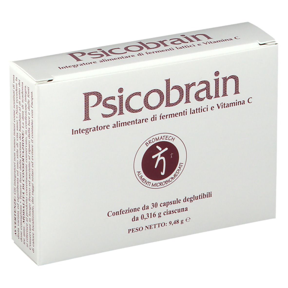 Scatola bianca con scritta Psicobrain. Contiene 30 capsule. Marchio Bromatech.