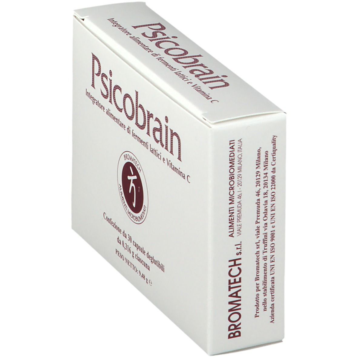 Scatola bianca con scritta Psicobrain. Contiene 30 capsule. Marchio Bromatech.