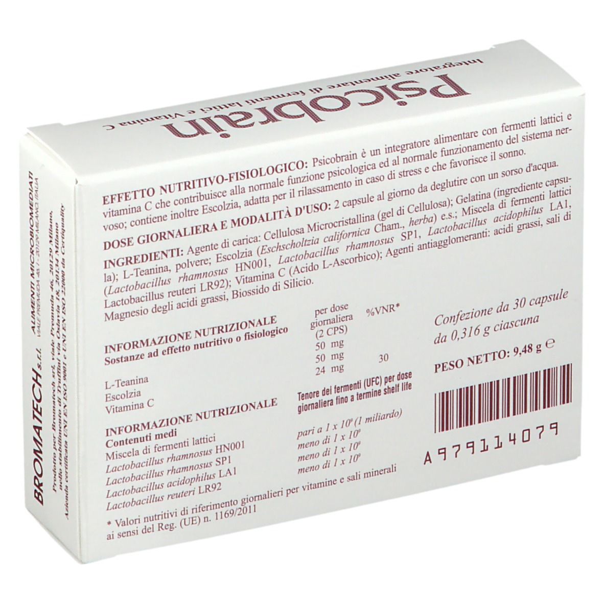 Scatola bianca con scritta Psicobrain. Contiene 30 capsule. Marchio Bromatech.