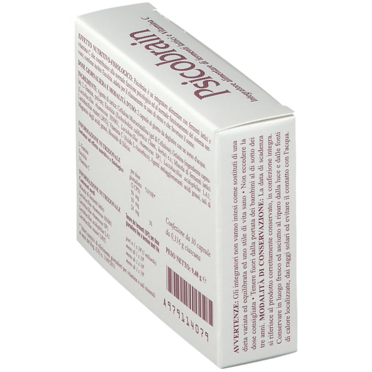 Scatola bianca con scritta Psicobrain. Contiene 30 capsule. Marchio Bromatech.
