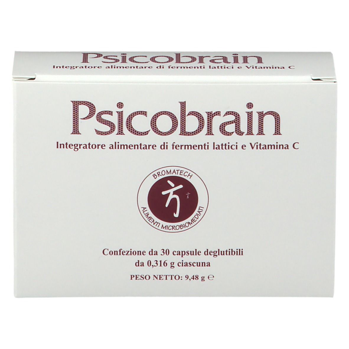 Scatola bianca con scritta Psicobrain. Contiene 30 capsule. Marchio Bromatech.