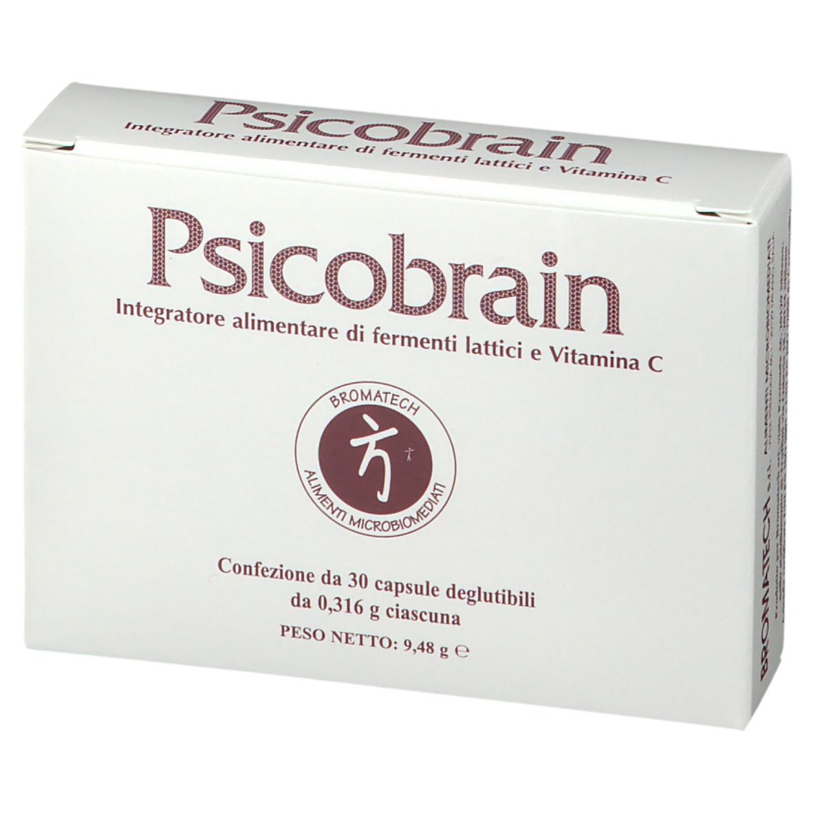 Scatola bianca con scritta Psicobrain. Contiene 30 capsule. Marchio Bromatech.