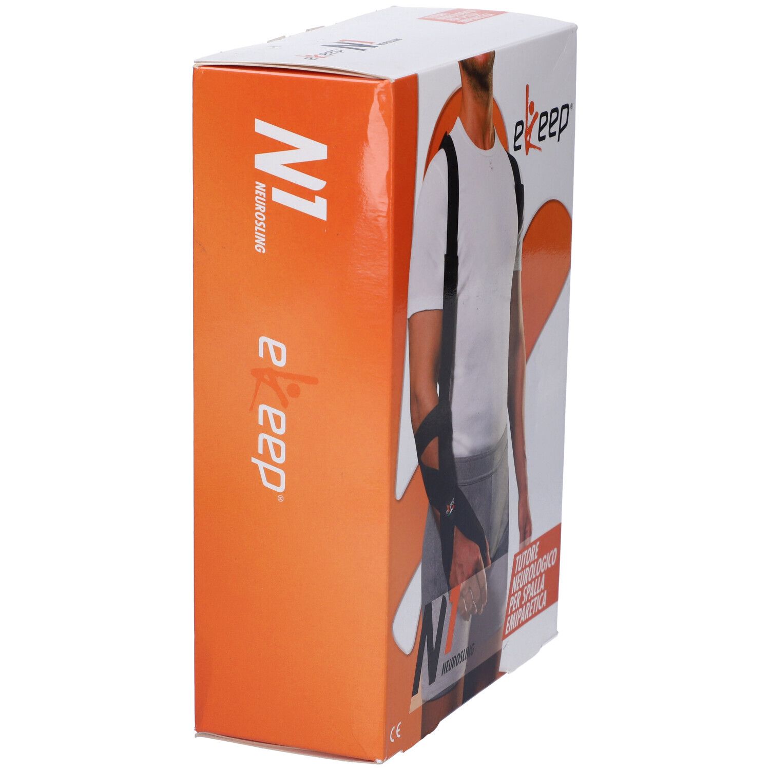 Confezione con tutore per spalla. Stampa: N1 Neurosling, ekeep. Testo: Tutore Neurologico Per Spalla Emiparetica. Sfondo arancione.