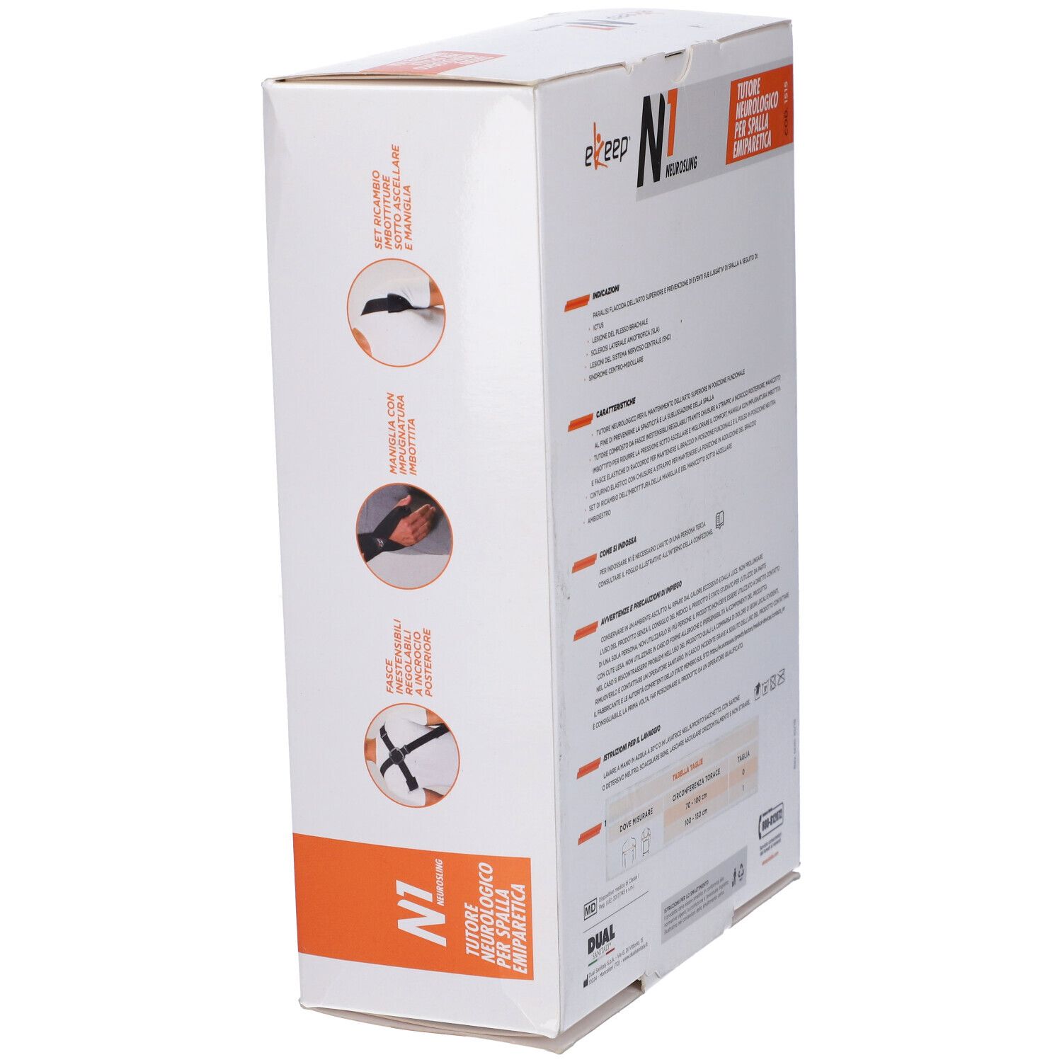 Confezione con illustrazioni d'uso. Testo: N1 Neurosling, ekeep. Testo: Tutore Neurologico Per Spalla Emiparetica.