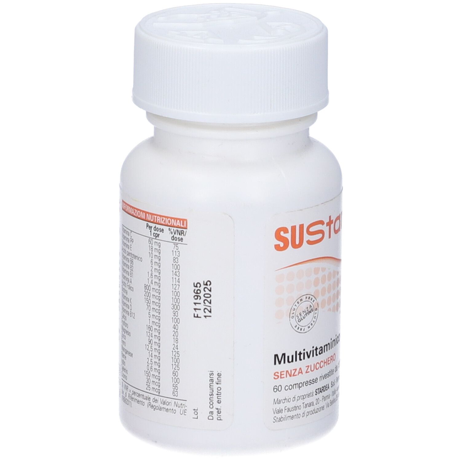 Rückseite der weißen Tablettenflasche. Enthält Nährwertinformationen und Verfallsdatum. Marke: SUStar Complex.
