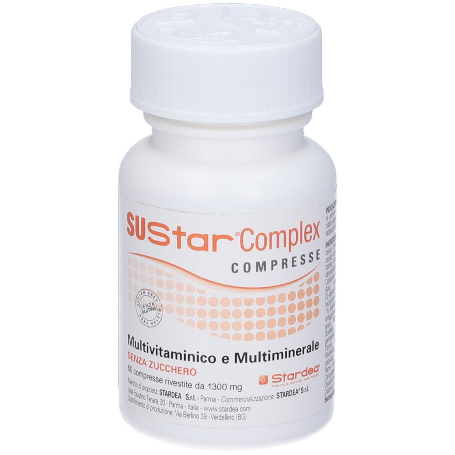 Weiße Tablettenflasche mit dem Aufdruck "SUStar Complex Compresse". Enthält Multivitamin- und Multimineralstoffe.