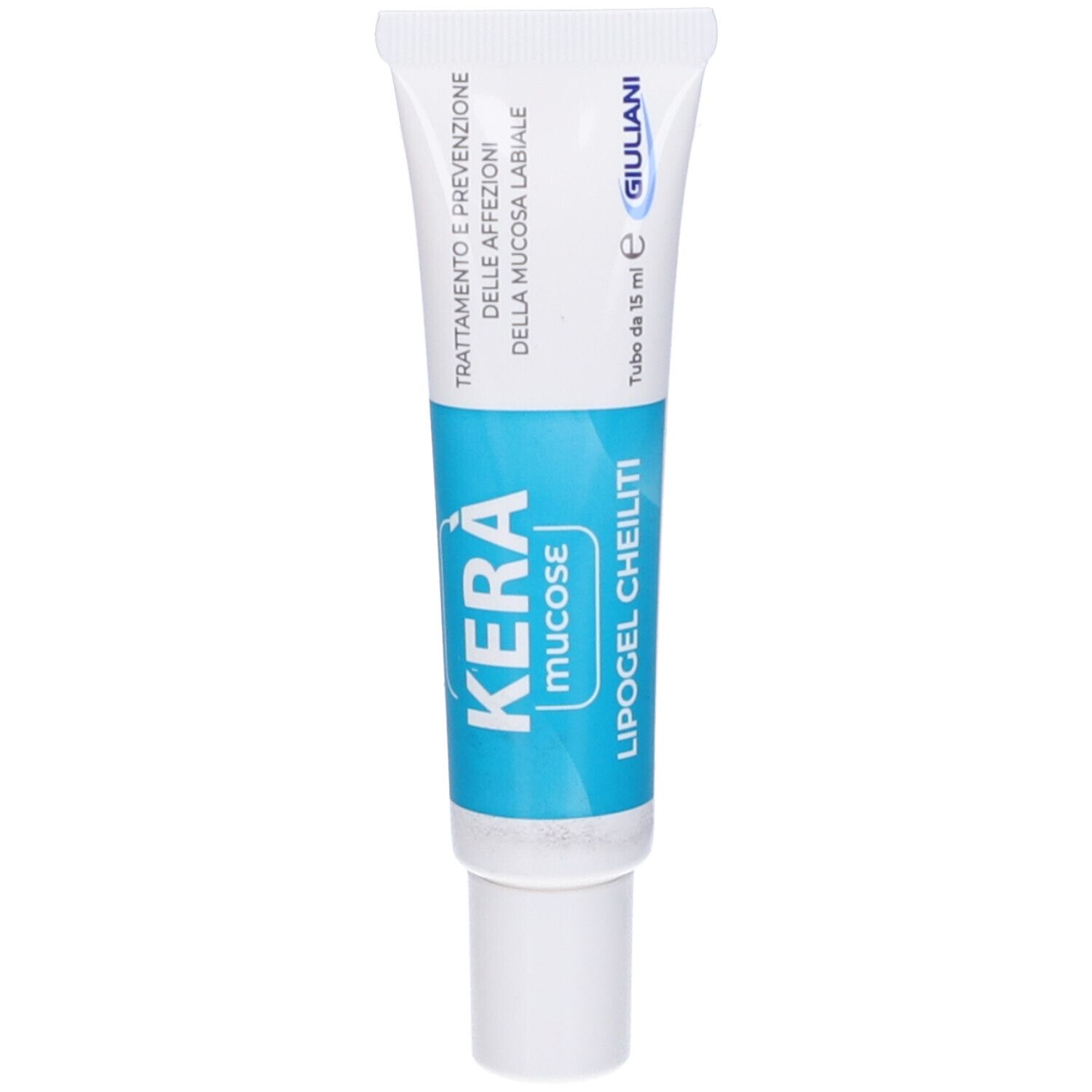 Tubo Kera Mucose Lipogel Cheiliti. Tubo bianco con stampa blu. Logo Giuliani. Testo.