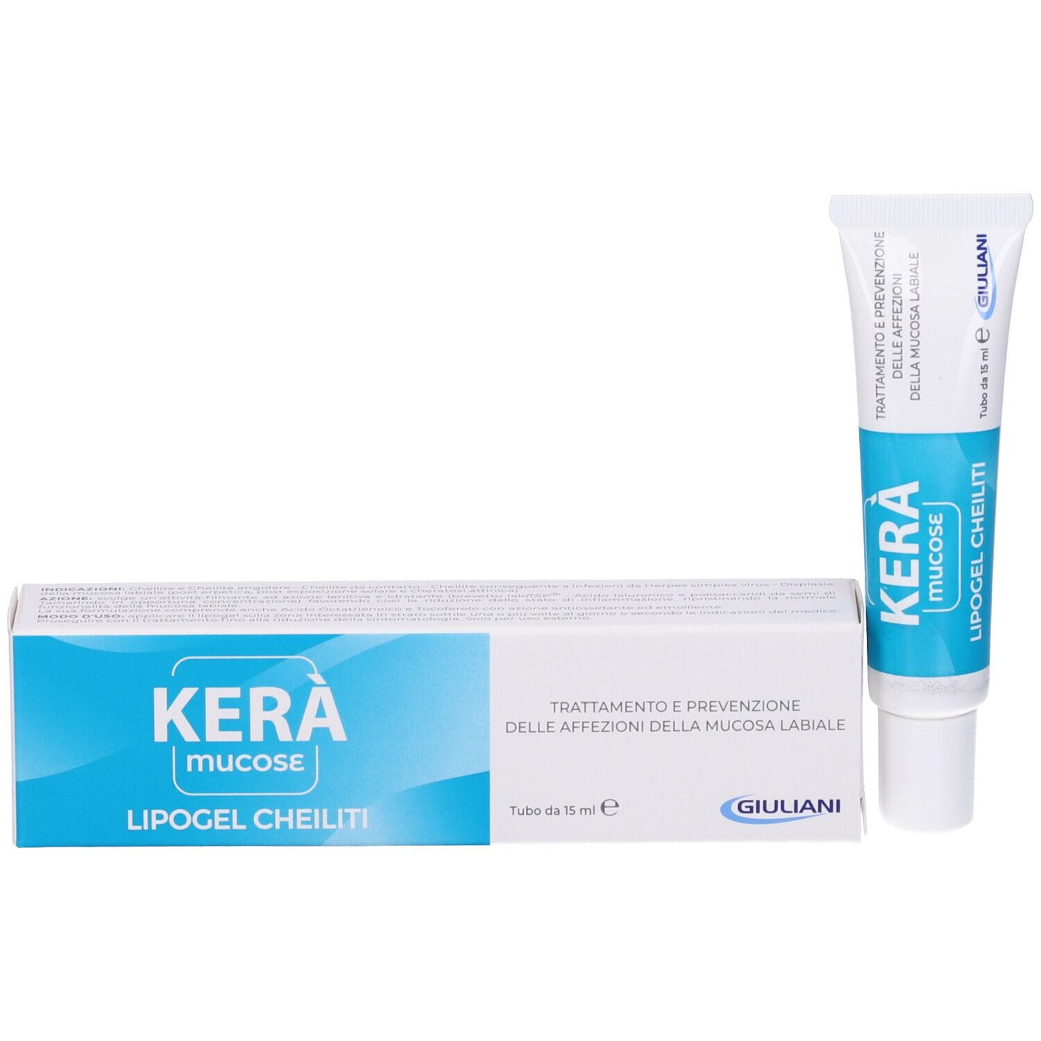 Kera Mucose Lipogel Cheiliti. Tubo e confezione. Bianco e blu. Logo Giuliani. Testo.