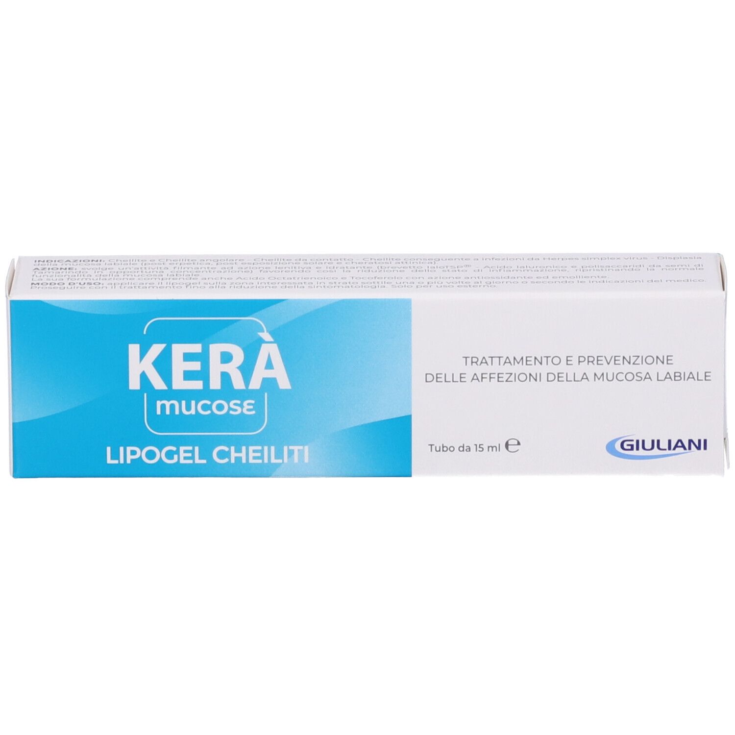 Confezione Kera Mucose Lipogel Cheiliti. Bianco e blu. Logo Giuliani. Testo.