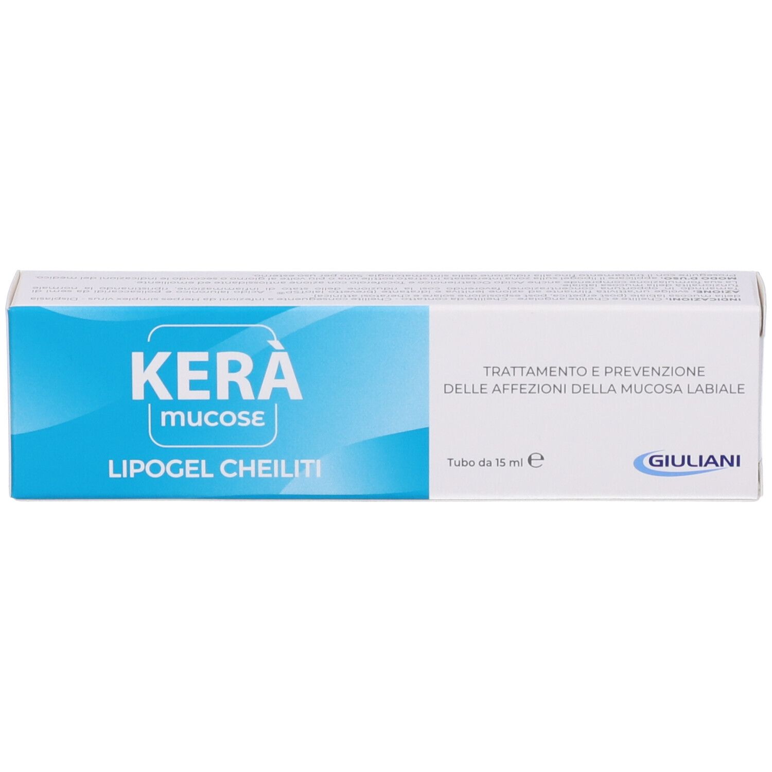 Confezione Kera Mucose Lipogel Cheiliti. Bianco e blu. Logo Giuliani. Testo.
