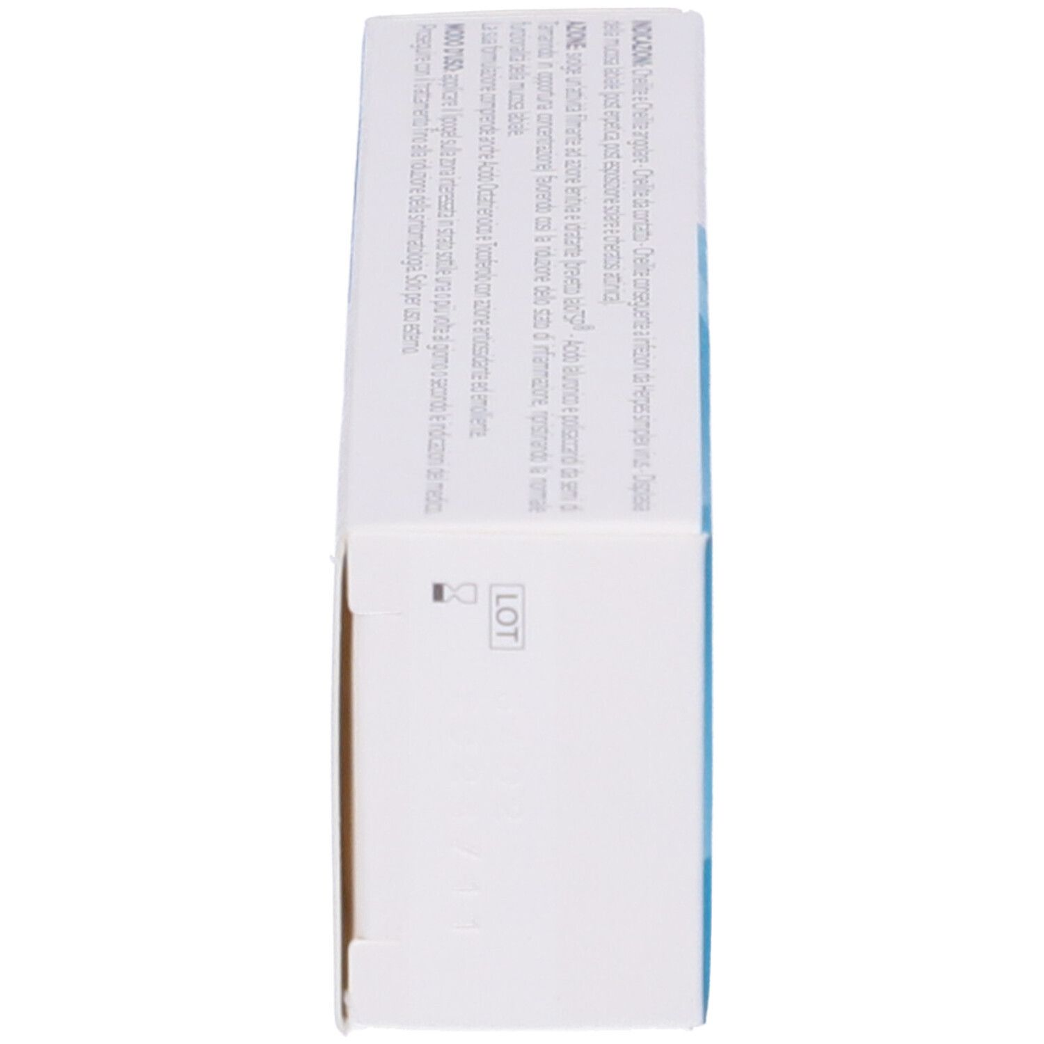 Confezione Kera Mucose Lipogel Cheiliti. Testo, elementi blu e bianchi, simbolo Lot.