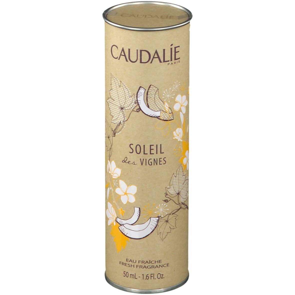 Confezione cilindrica. Scritta: CAUDALIE, Soleil des Vignes, Eau Fraiche. Illustrazioni.